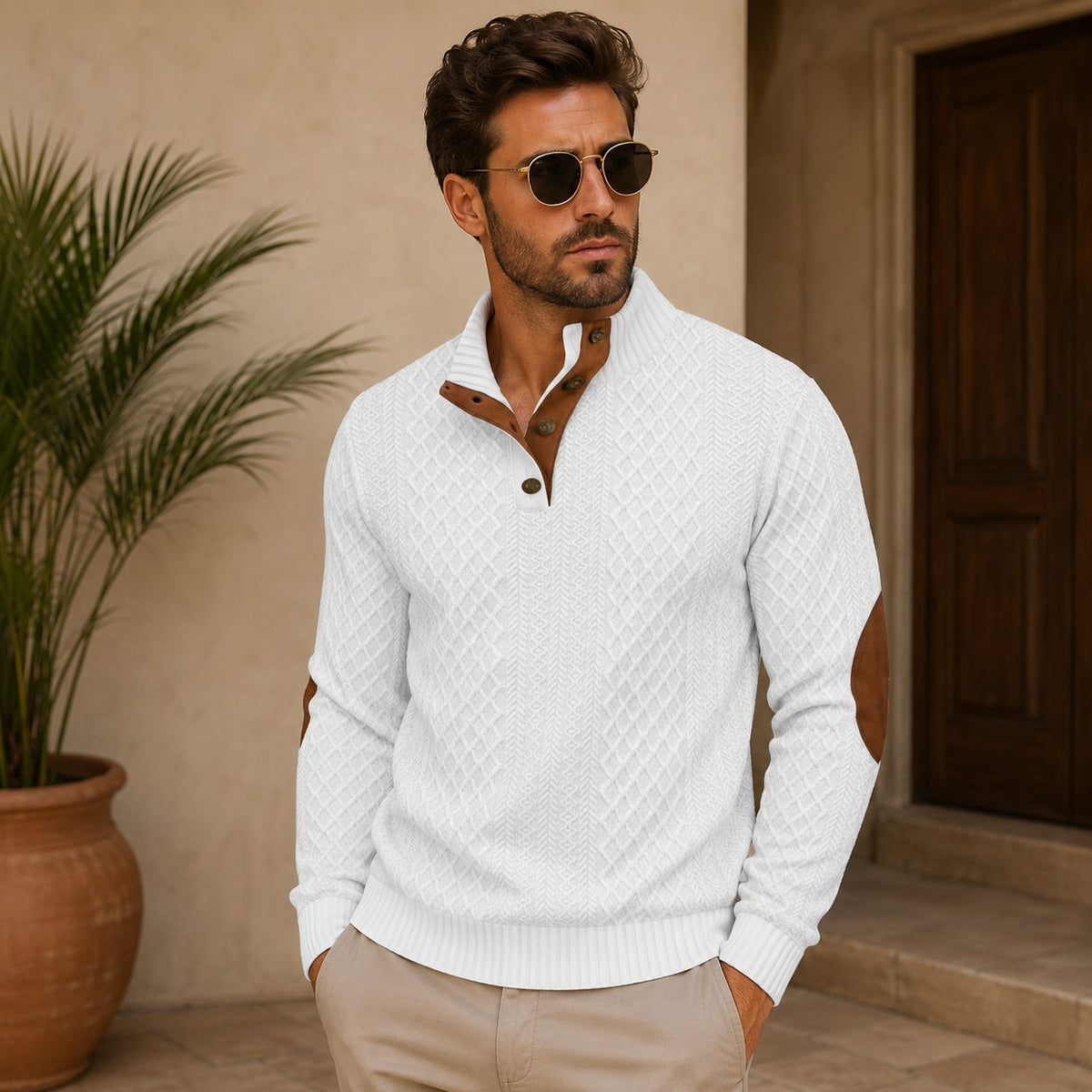 Sweater Bramwell™ with Textured Knit, Stand Collar and Elbow Patches