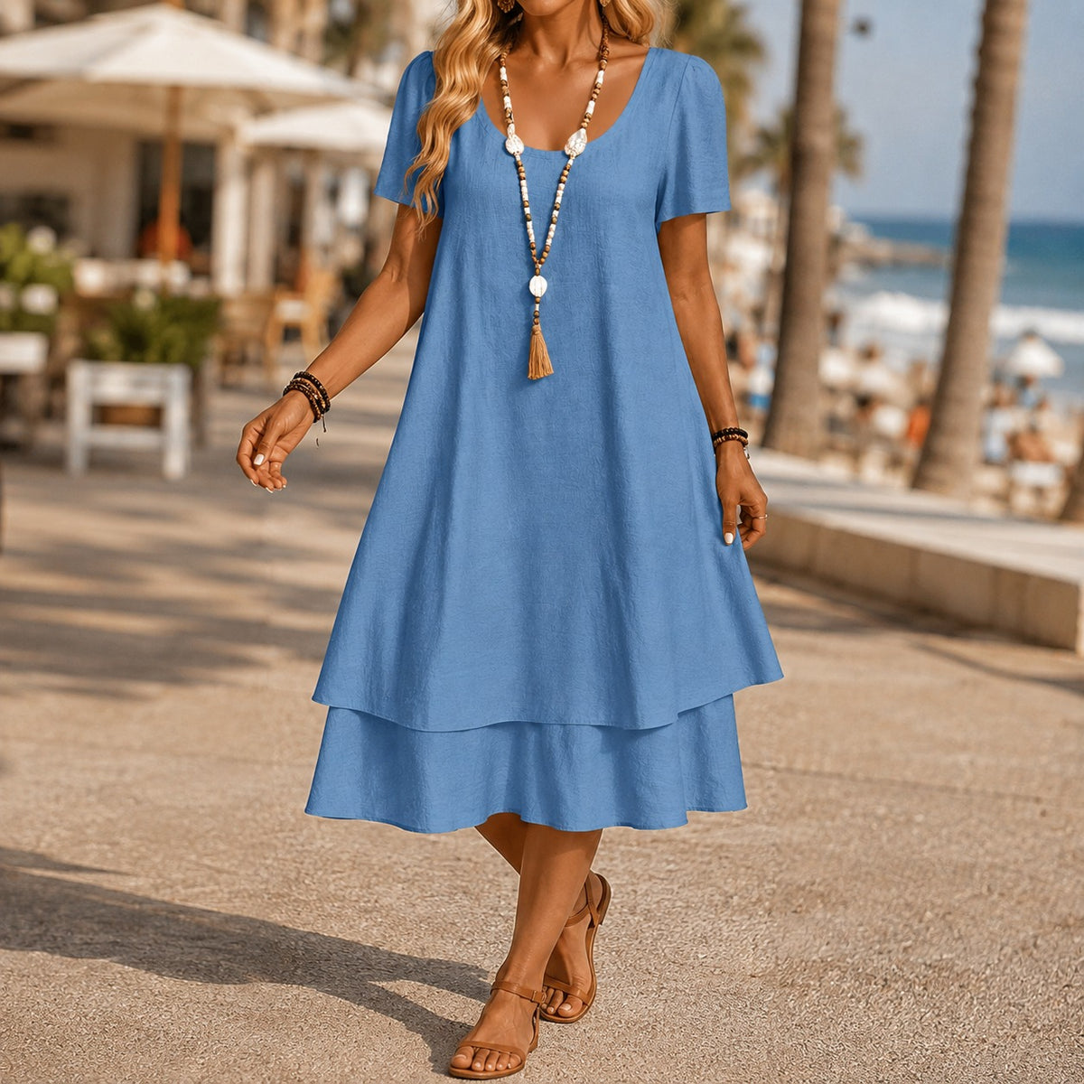 Elara™ Midi Dress with Elegant Neckline, Short Sleeves and Layered A-Line Skirt