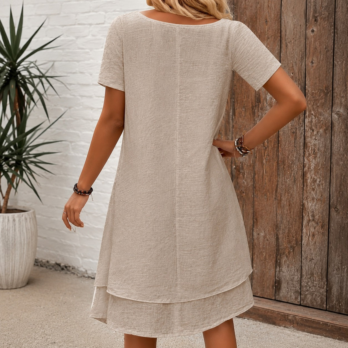 Elara™ Midi Dress with Elegant Neckline, Short Sleeves and Layered A-Line Skirt