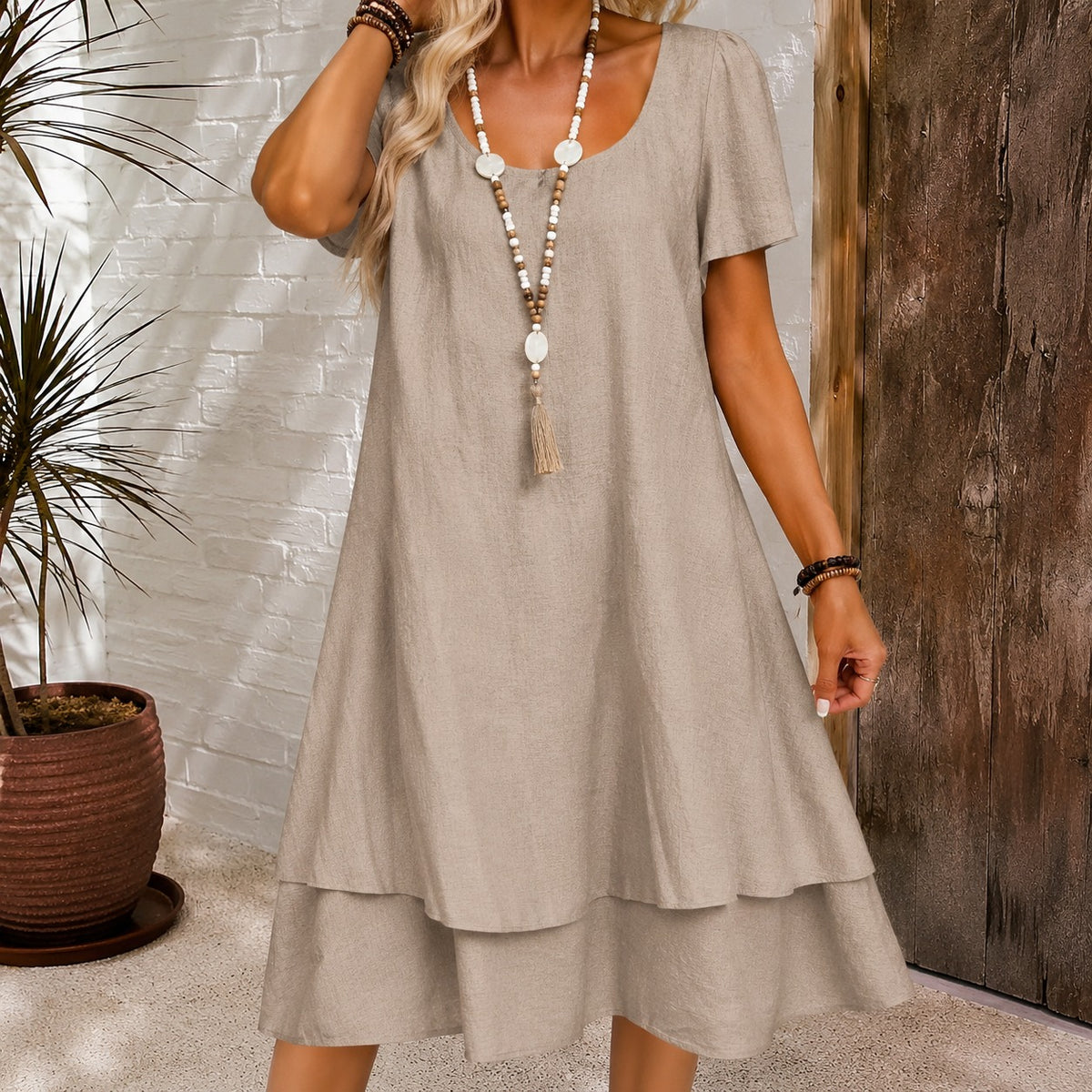 Elara™ Midi Dress with Elegant Neckline, Short Sleeves and Layered A-Line Skirt