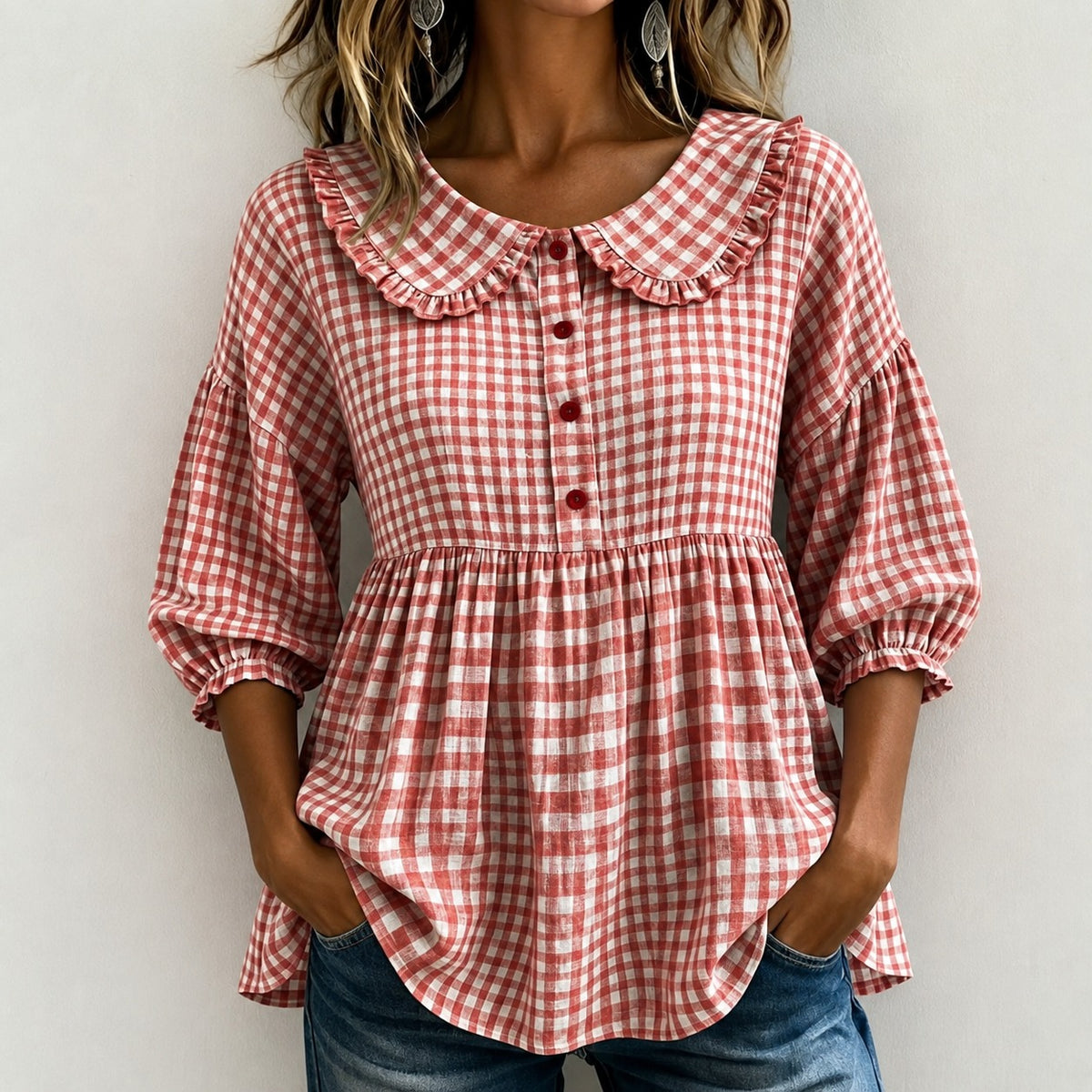 Gingham Blouse Melanie™ with Ruffled Collar and Puff Sleeves