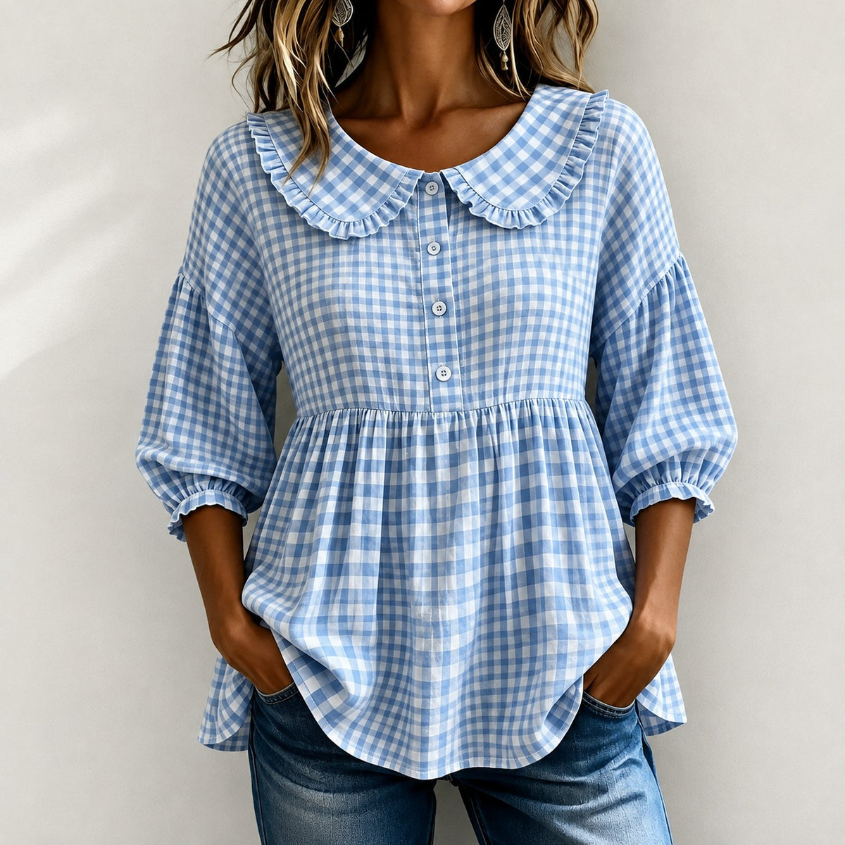 Gingham Blouse Melanie™ with Ruffled Collar and Puff Sleeves