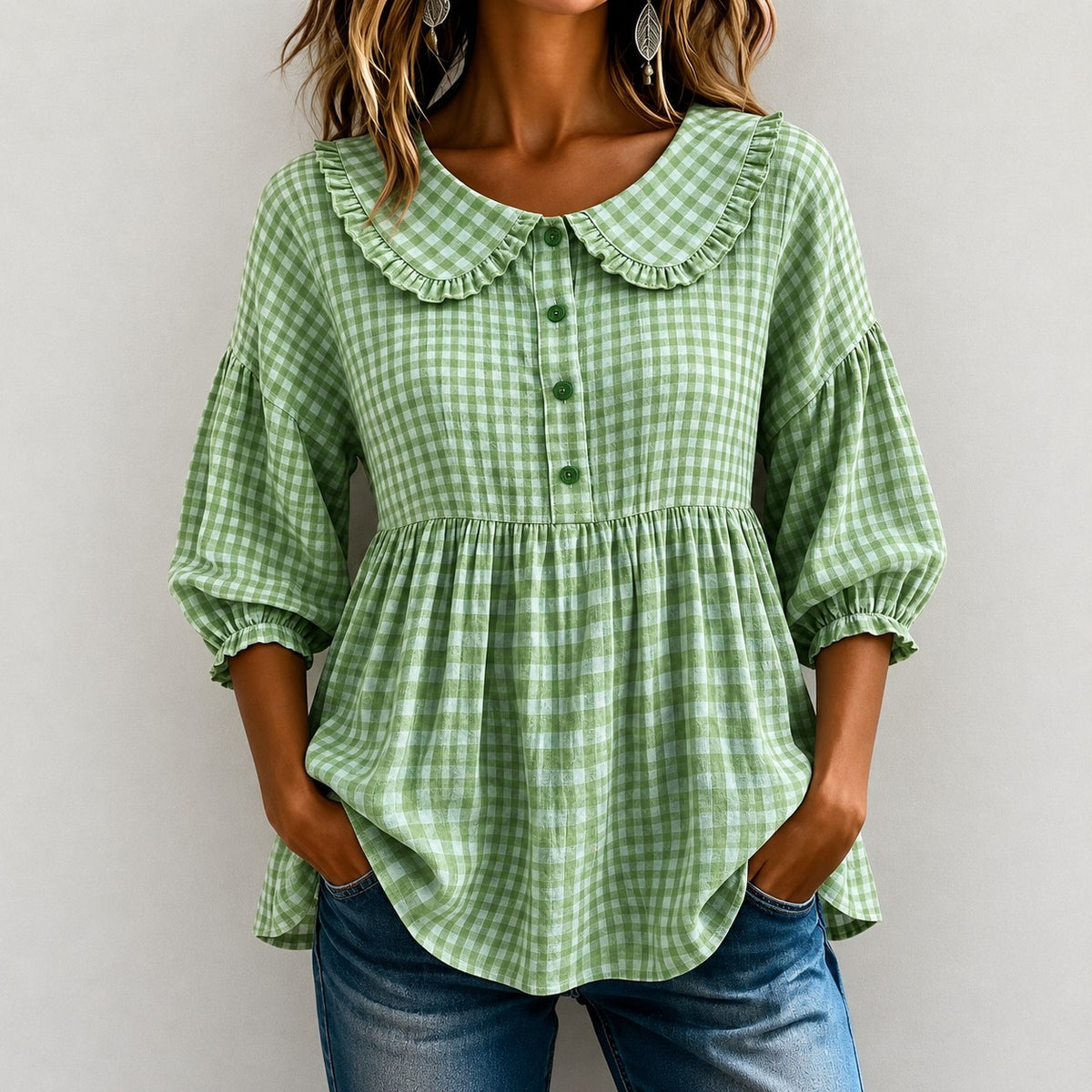 Gingham Blouse Melanie™ with Ruffled Collar and Puff Sleeves