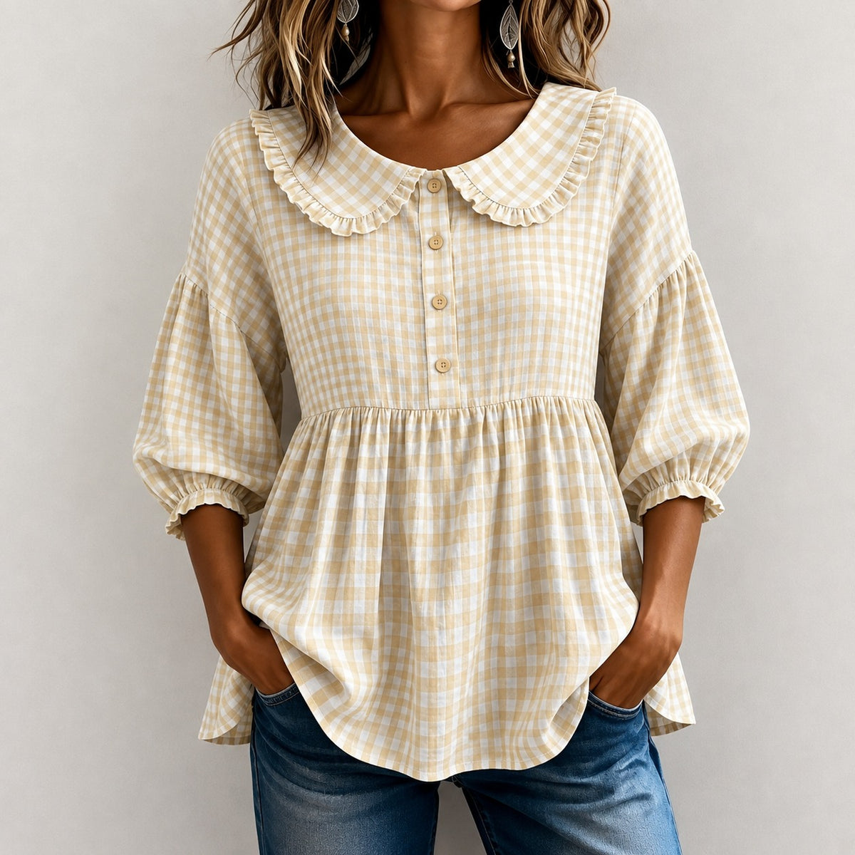 Gingham Blouse Melanie™ with Ruffled Collar and Puff Sleeves