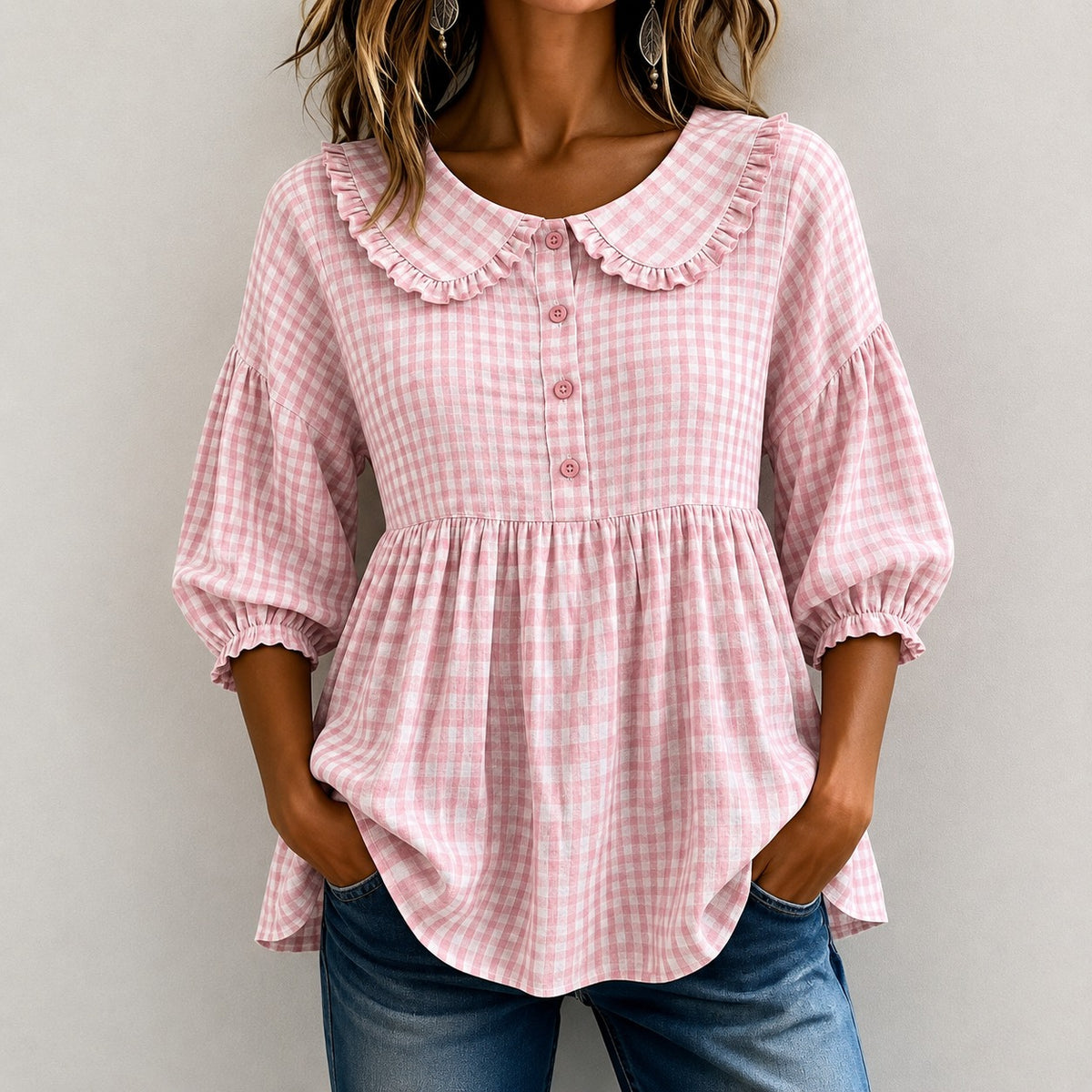 Gingham Blouse Melanie™ with Ruffled Collar and Puff Sleeves