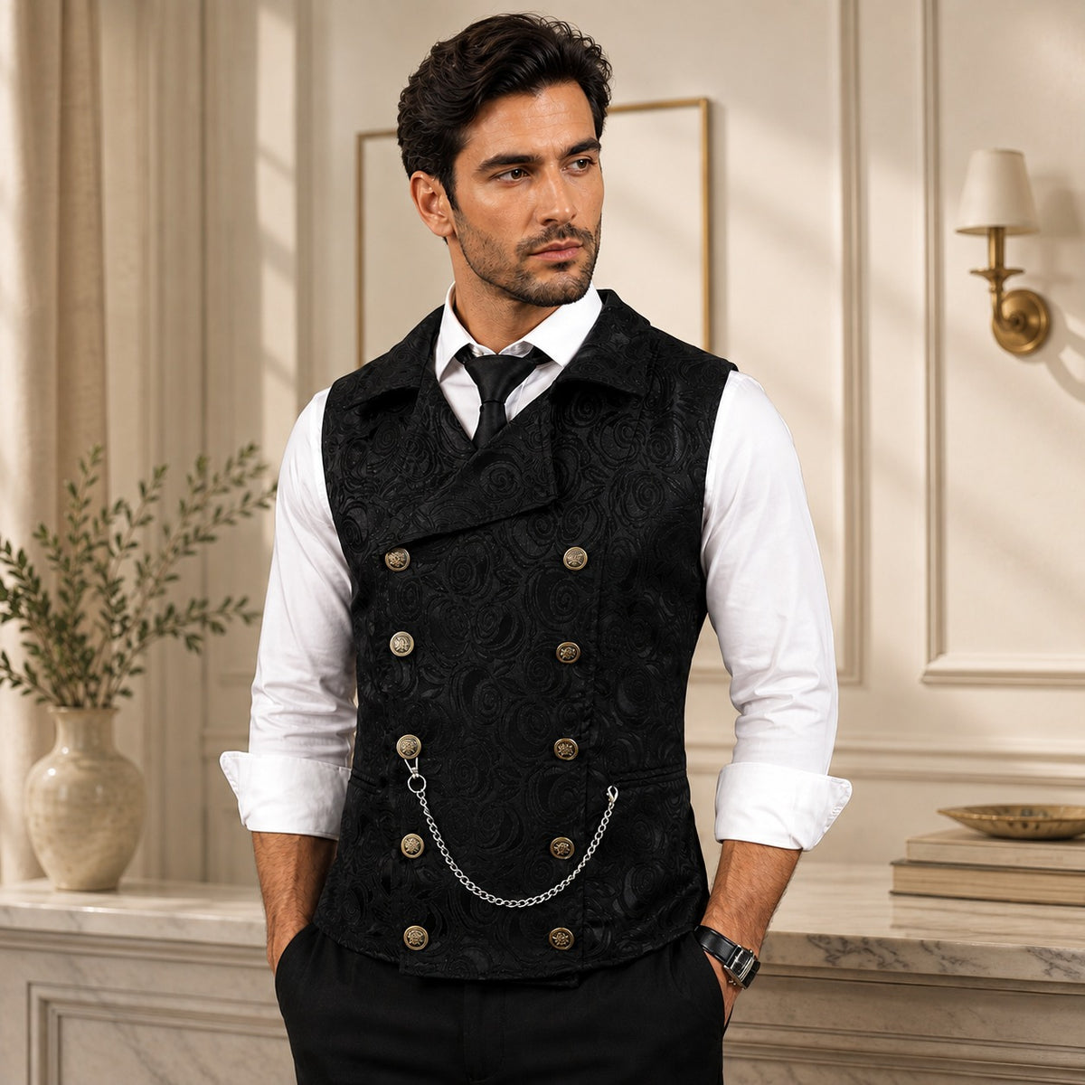Westcott™ Tailored Vest with Floral Jacquard Texture, Double-Breasted Closure and Metal Accents