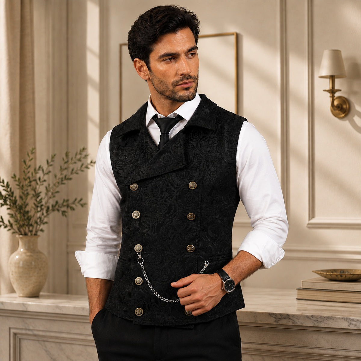 Westcott™ Tailored Vest with Floral Jacquard Texture, Double-Breasted Closure and Metal Accents