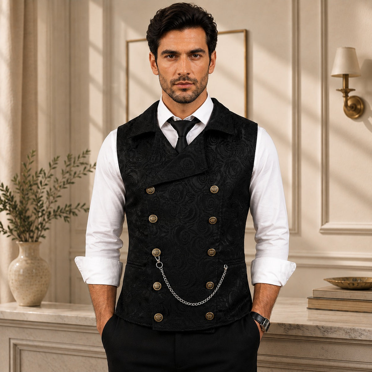 Westcott™ Tailored Vest with Floral Jacquard Texture, Double-Breasted Closure and Metal Accents