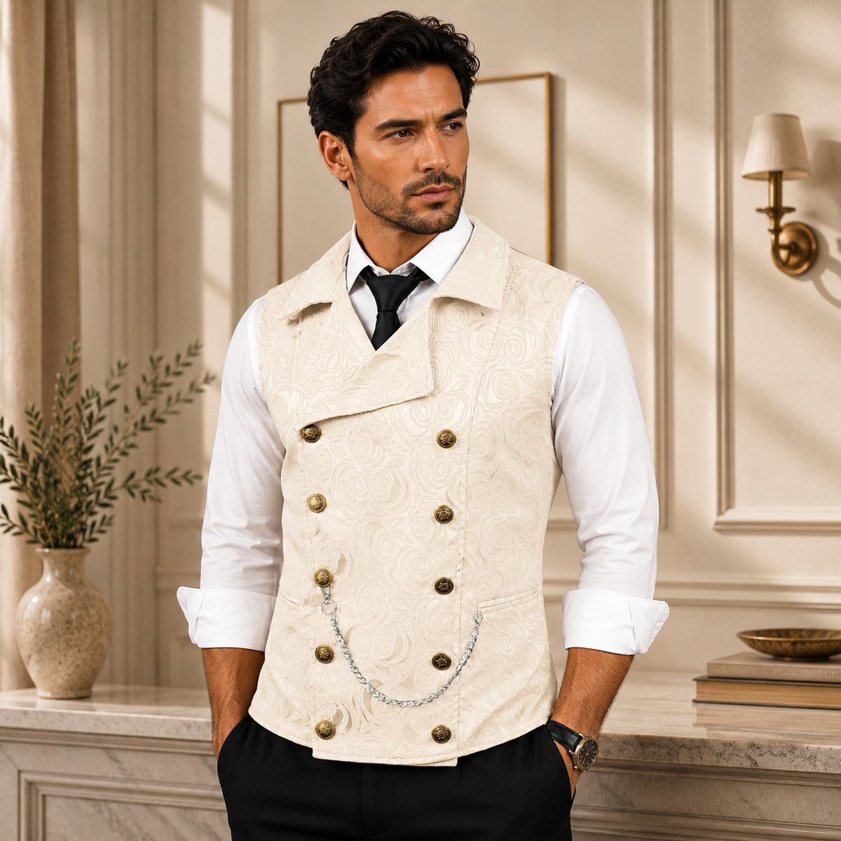 Westcott™ Tailored Vest with Floral Jacquard Texture, Double-Breasted Closure and Metal Accents