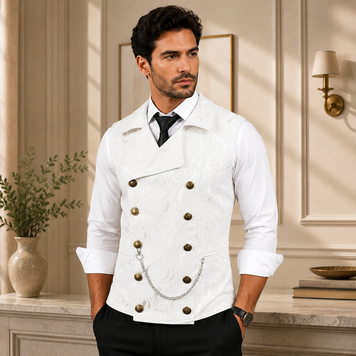 Westcott™ Tailored Vest with Floral Jacquard Texture, Double-Breasted Closure and Metal Accents
