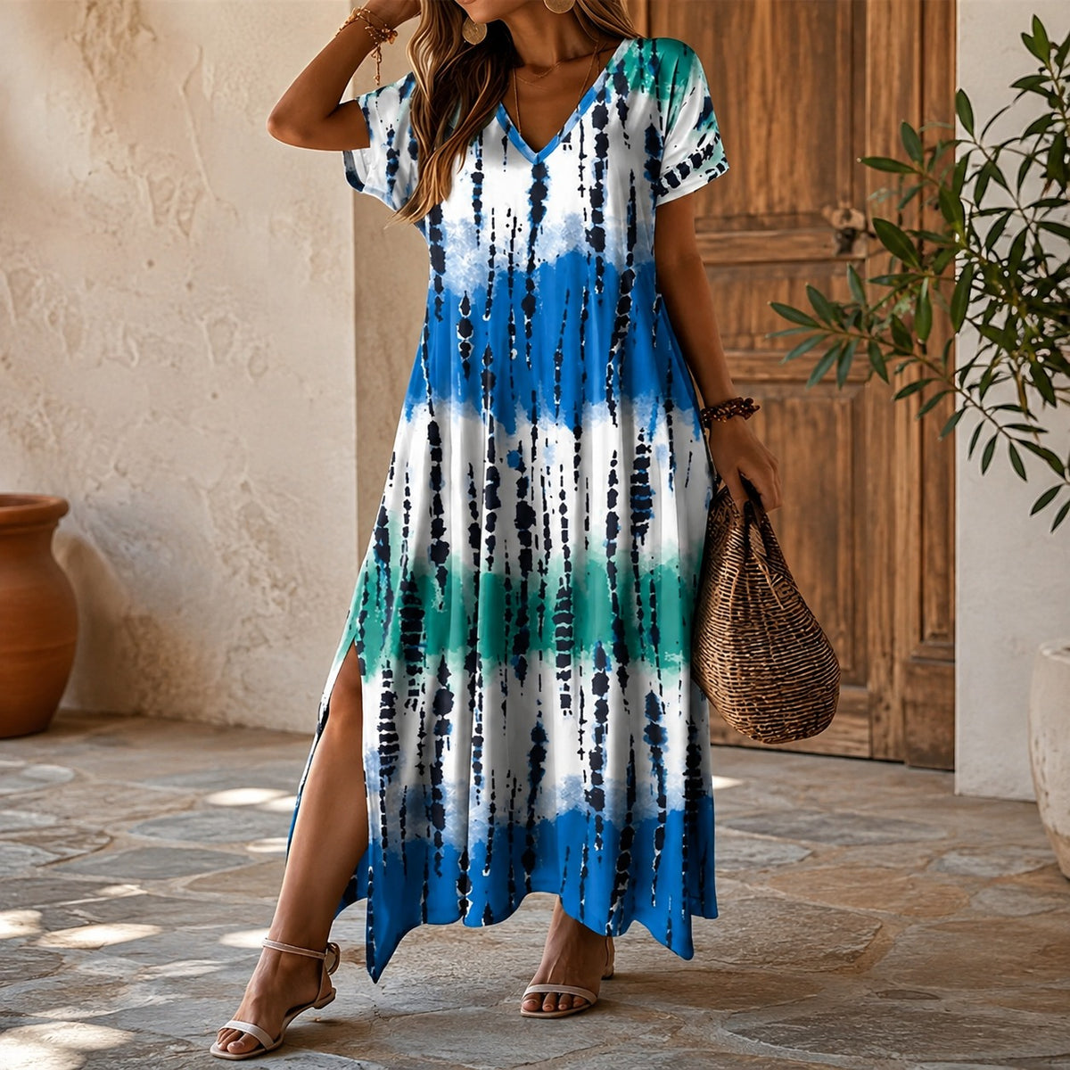 Verena™ Maxi Dress with Ornamental Print, V-Neckline and Side Slits