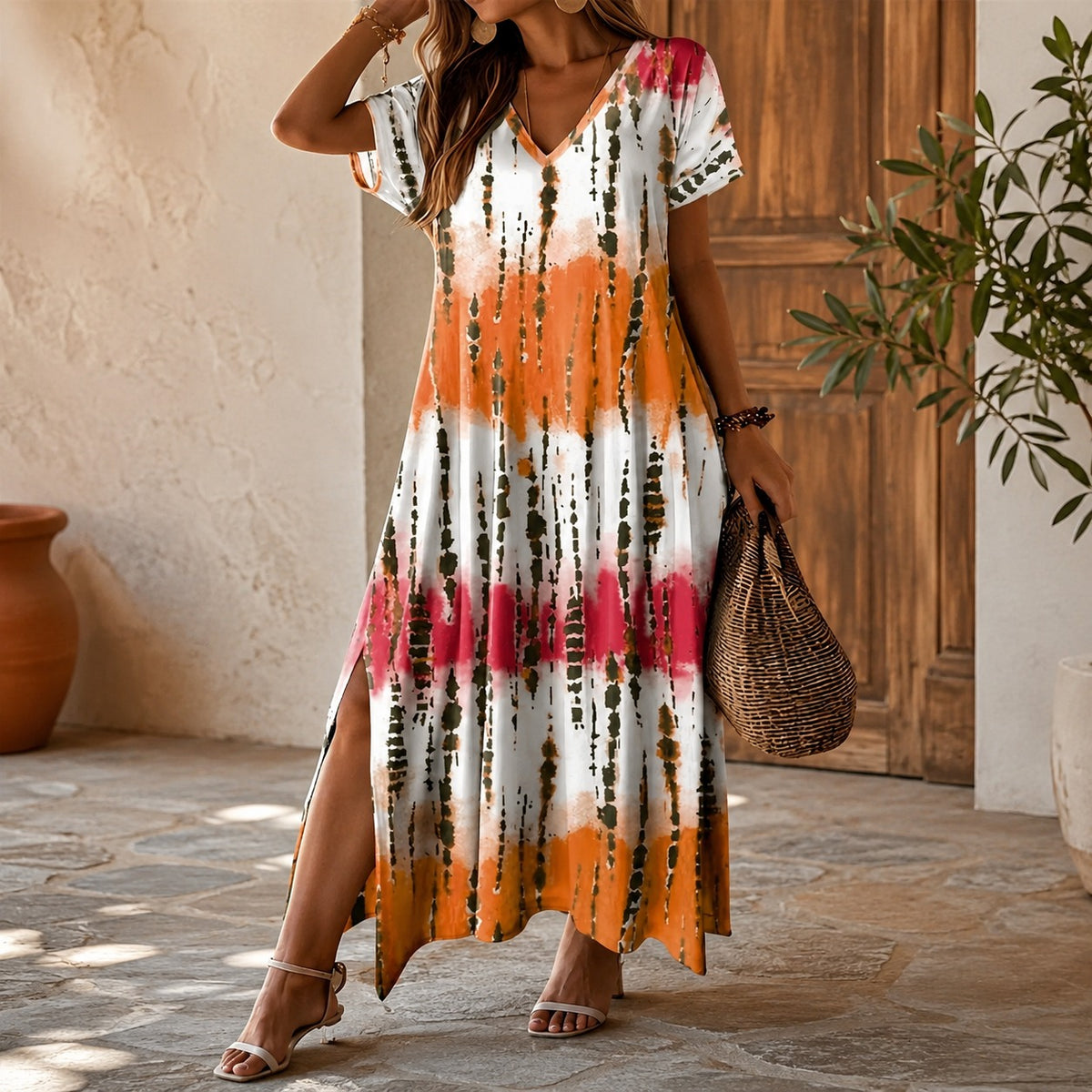 Verena™ Maxi Dress with Ornamental Print, V-Neckline and Side Slits