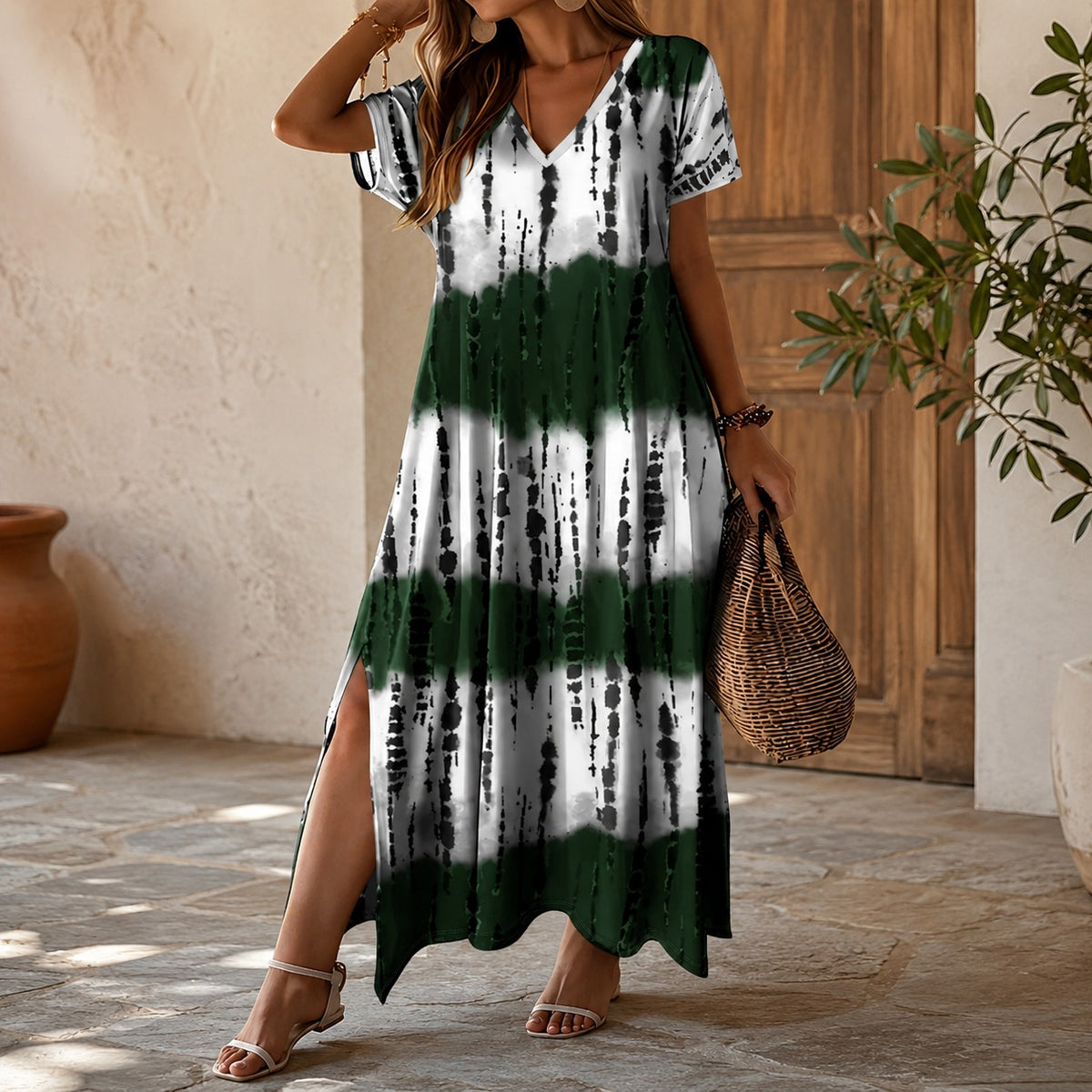 Verena™ Maxi Dress with Ornamental Print, V-Neckline and Side Slits