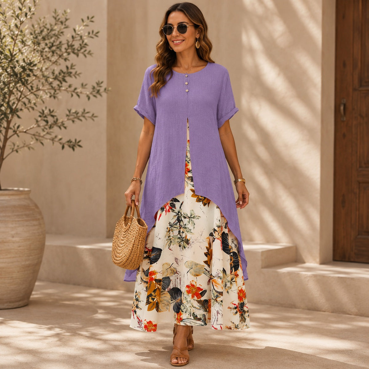 Dress Elisabeth™ in Cotton Linen with 2-in-1 Layered Design and Floral Print