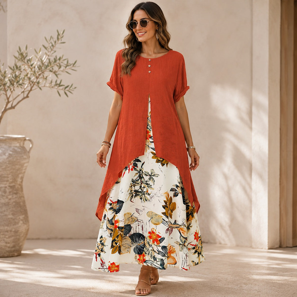 Dress Elisabeth™ in Cotton Linen with 2-in-1 Layered Design and Floral Print