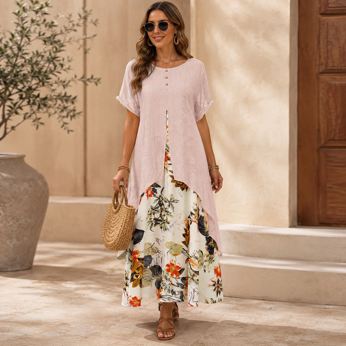 Dress Elisabeth™ in Cotton Linen with 2-in-1 Layered Design and Floral Print