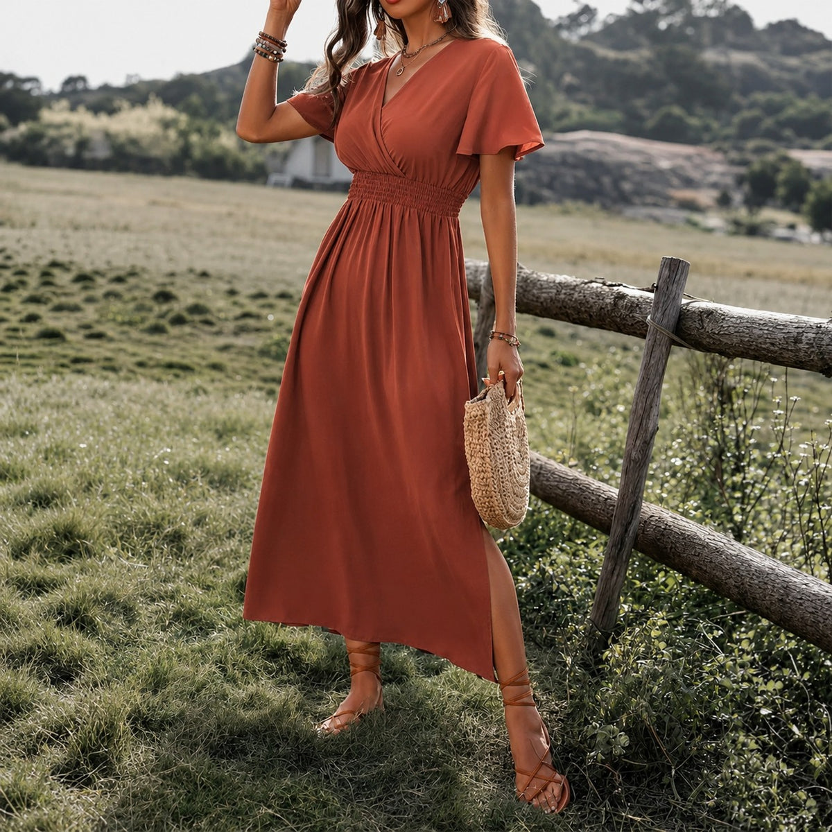 Dress Celine™ with Wrap V-Neck and Smocked Defined Waist