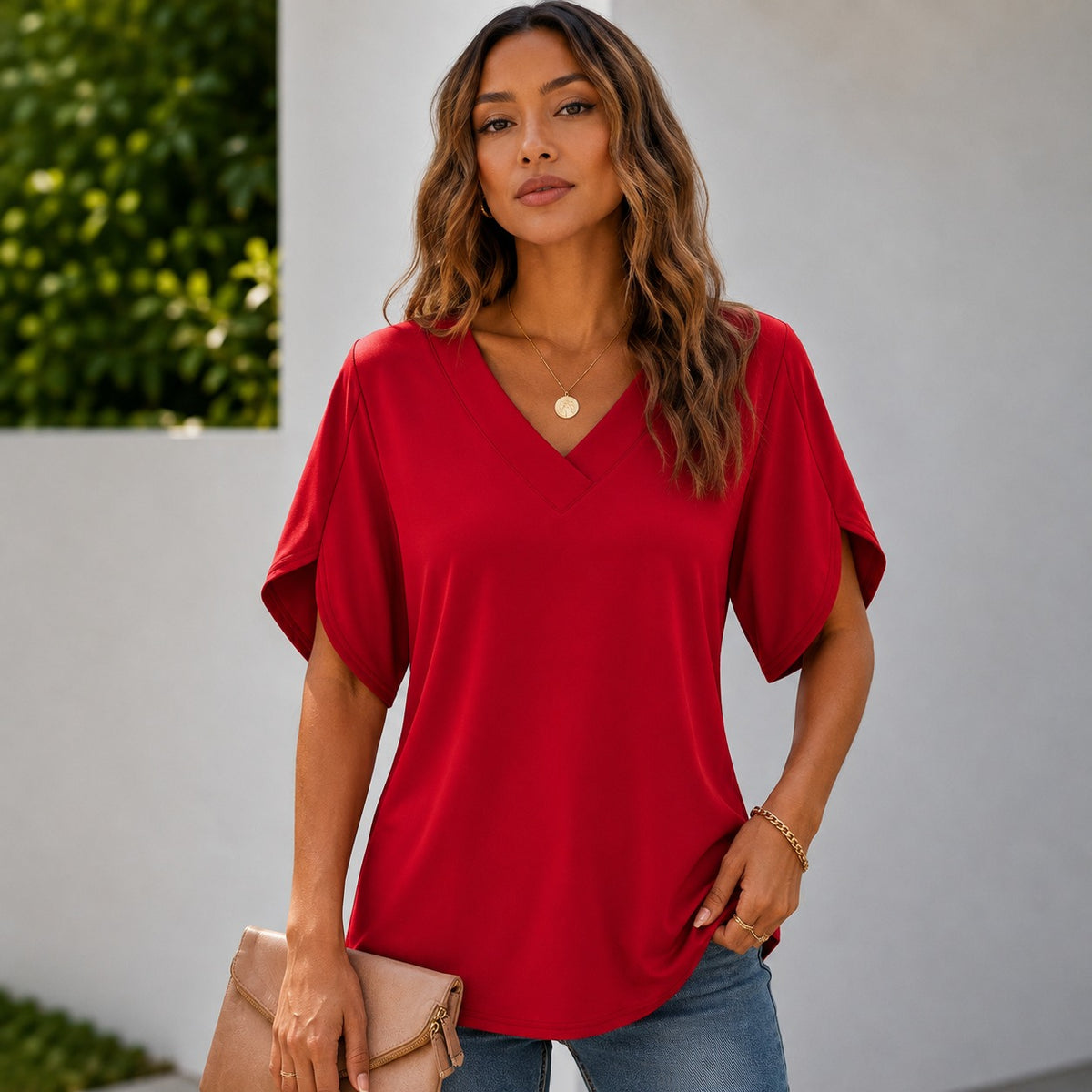 Arielle™ Blouse with V-Neckline, Minimalist Design and Side-Slit Sleeves