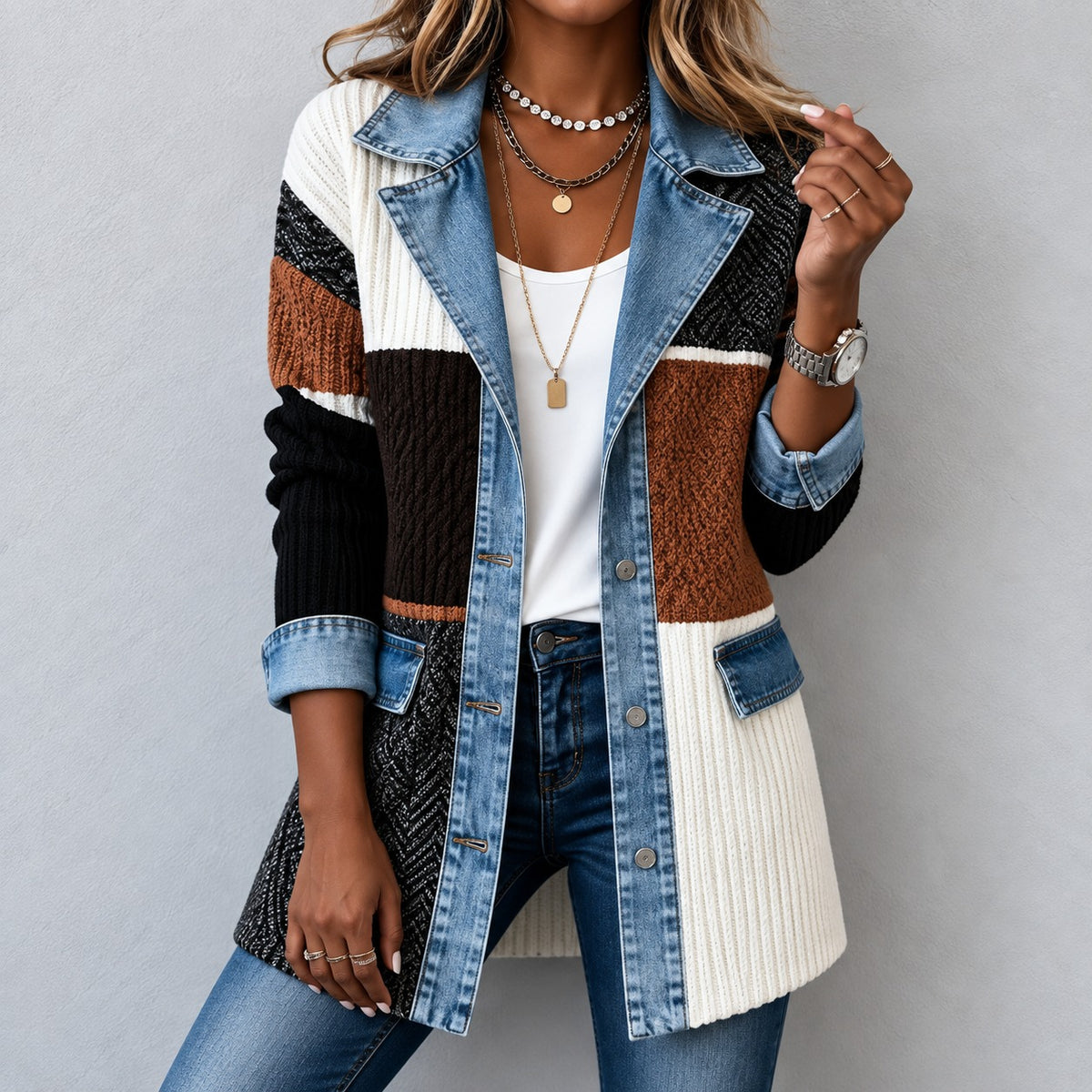 Jacket Caroline™ Longline Ribbed Knit, Denim Trim and Button Front