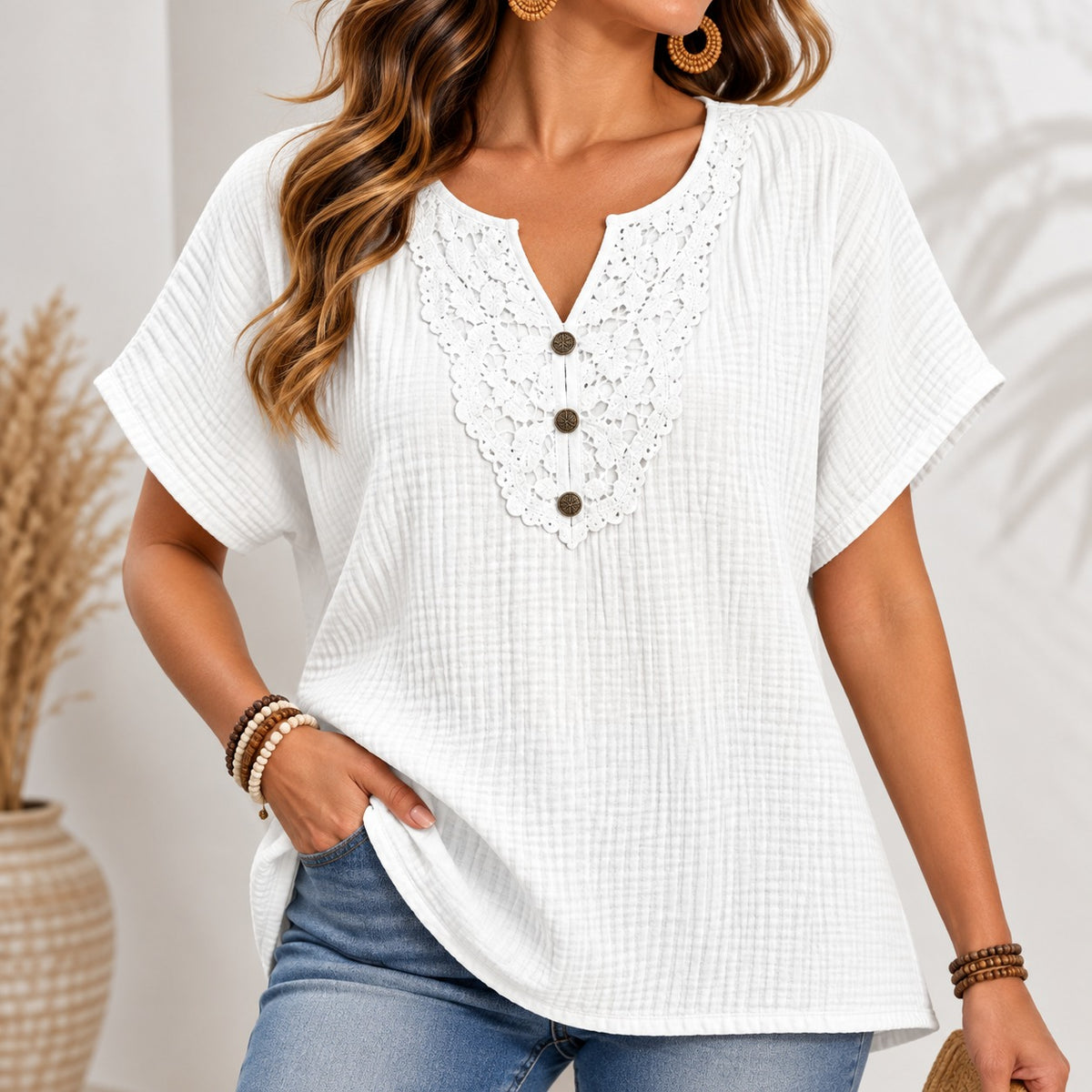 Amarise™ Blouse with Ornamental Lace Neckline and Relaxed Fit