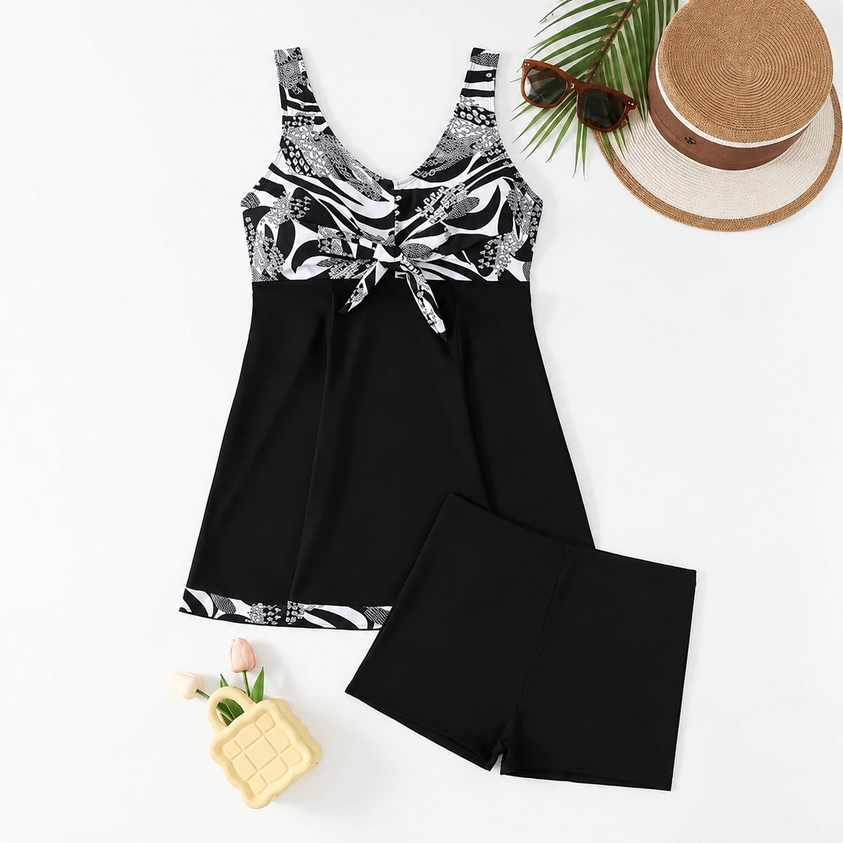 Soraya™ Tankini Set with Flared Top, Front Bow and High-Waisted Shorts