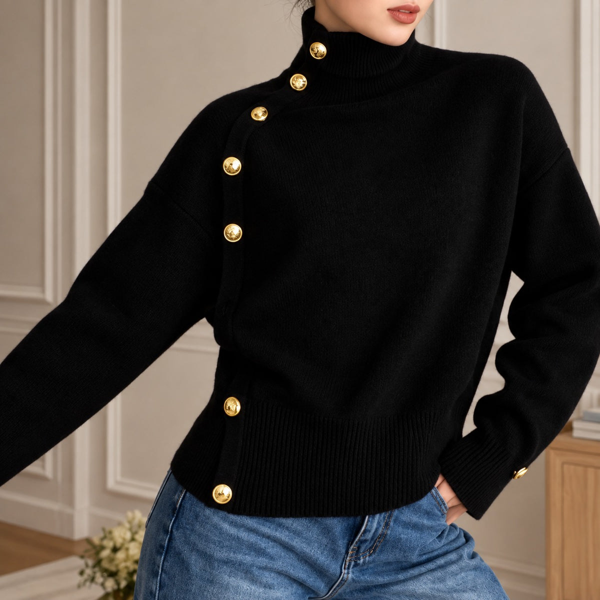 Sweater Blaire™ with High Neck, Asymmetric Gold-Tone Buttons and Ribbed Waist