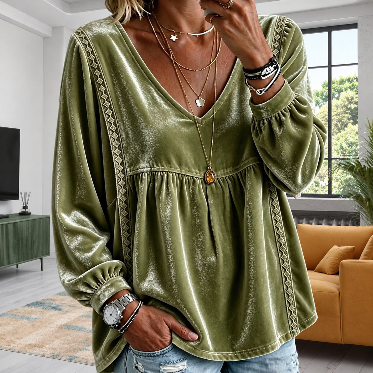 Blouse Kylie™ with Lightweight Velvet-Like Texture, V-Neck and Geometric Lace Trim