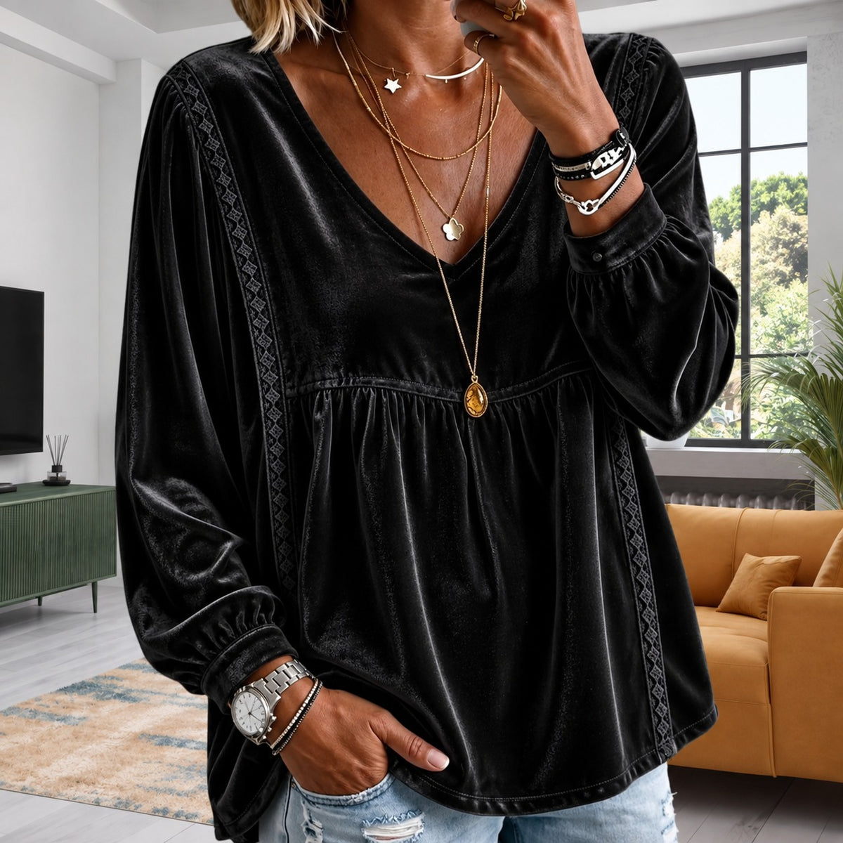 Blouse Kylie™ with Lightweight Velvet-Like Texture, V-Neck and Geometric Lace Trim