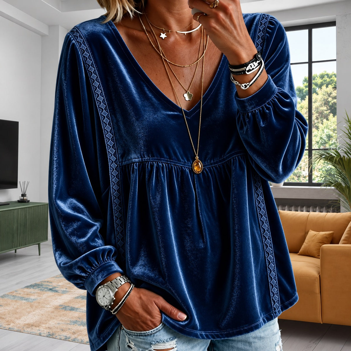 Blouse Kylie™ with Lightweight Velvet-Like Texture, V-Neck and Geometric Lace Trim