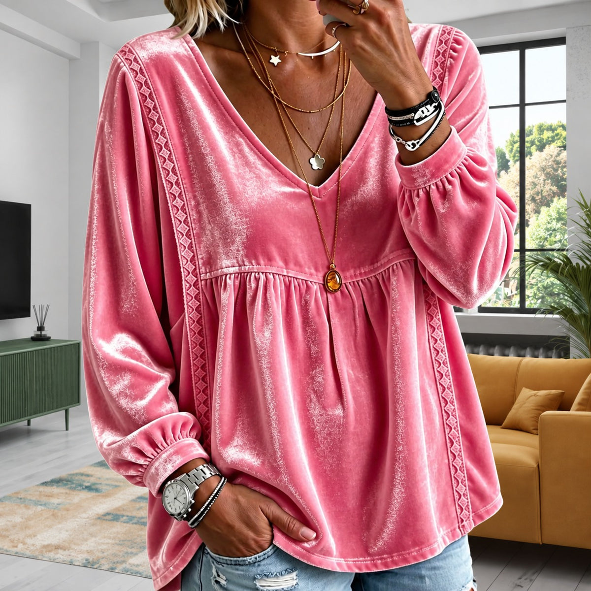 Blouse Kylie™ with Lightweight Velvet-Like Texture, V-Neck and Geometric Lace Trim