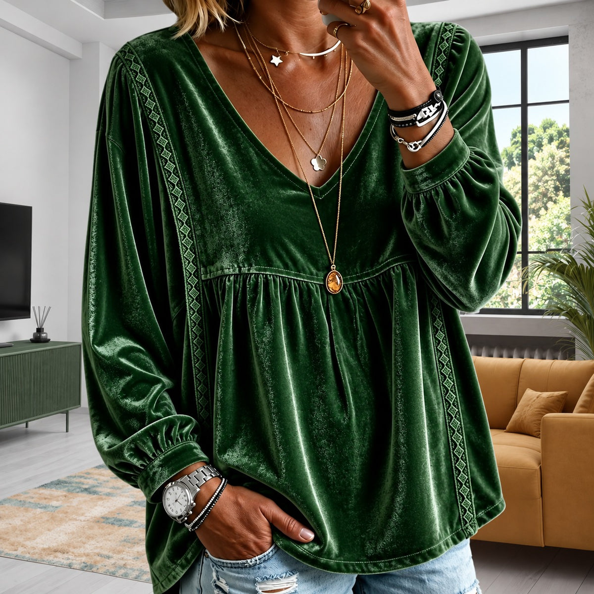 Blouse Kylie™ with Lightweight Velvet-Like Texture, V-Neck and Geometric Lace Trim