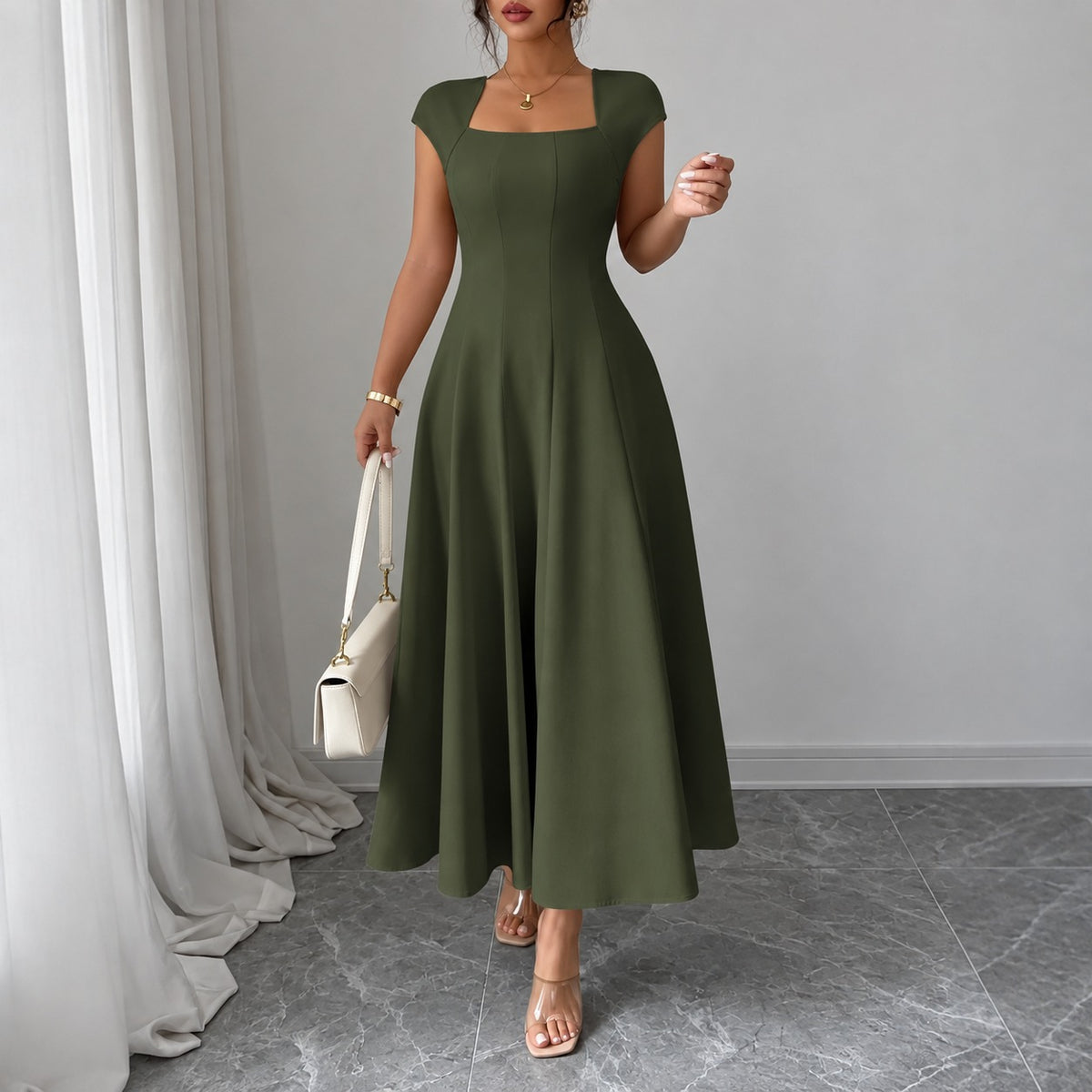Dress Lucille™ with Square Neckline and Flared Midi Skirt
