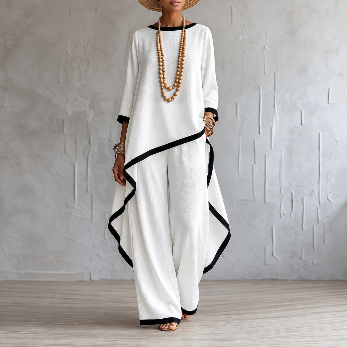 Set Adeline™ with Asymmetric Top, Wide-Leg Pants and Contrast Trim