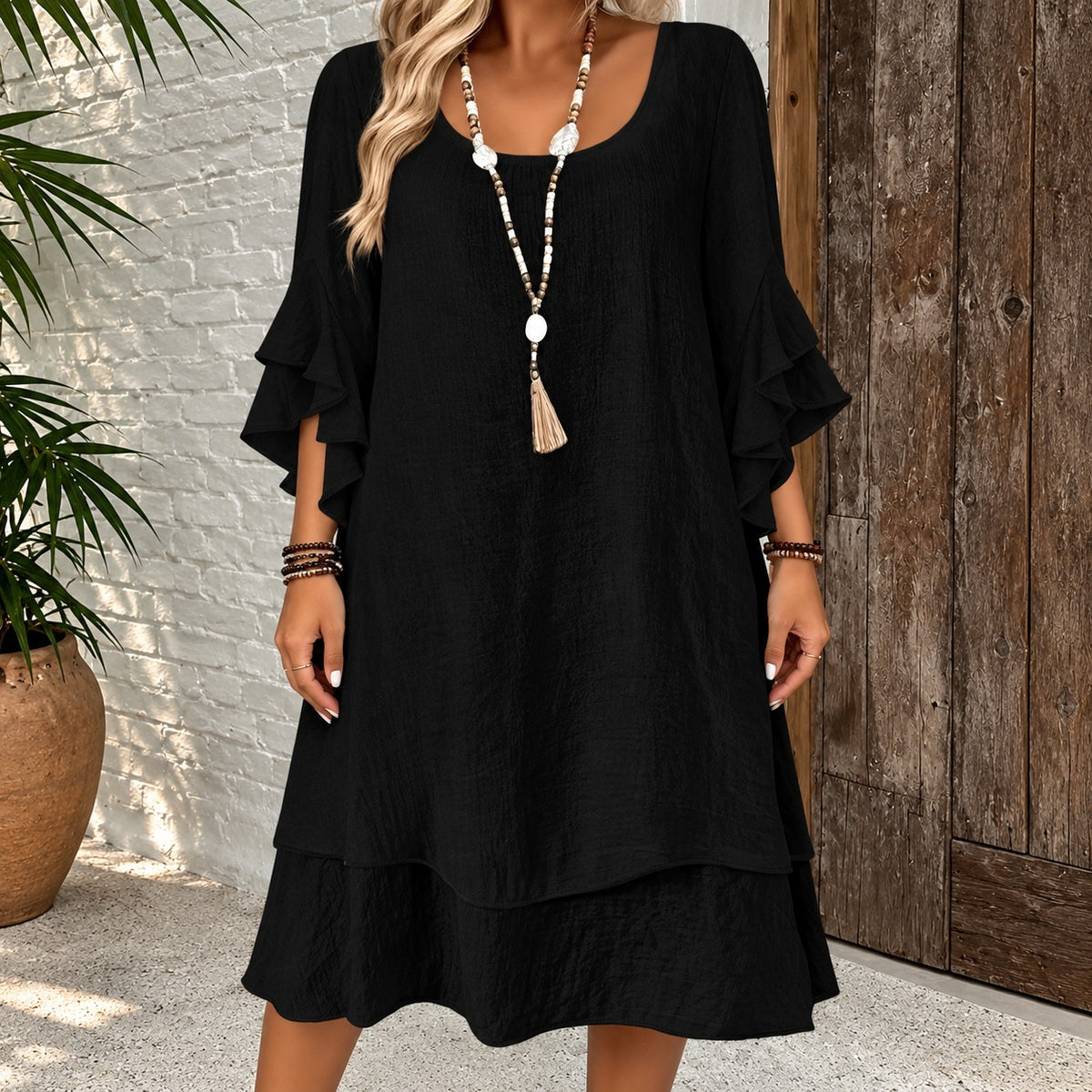 Dress Marin™ with Layered Ruffle Sleeves, Tiered Hem and Relaxed Fit