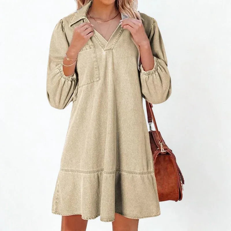 Madalena™ Jeans Dress with Lapel Collar and Puffed Sleeves / The Classic Renewed with Comfort and Femininity