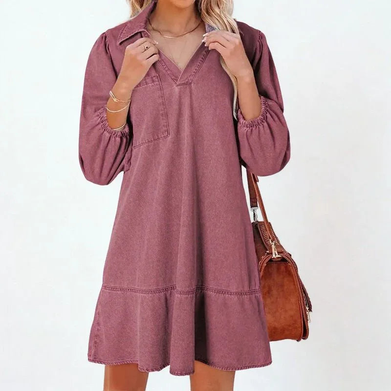 Madalena™ Jeans Dress with Lapel Collar and Puffed Sleeves / The Classic Renewed with Comfort and Femininity