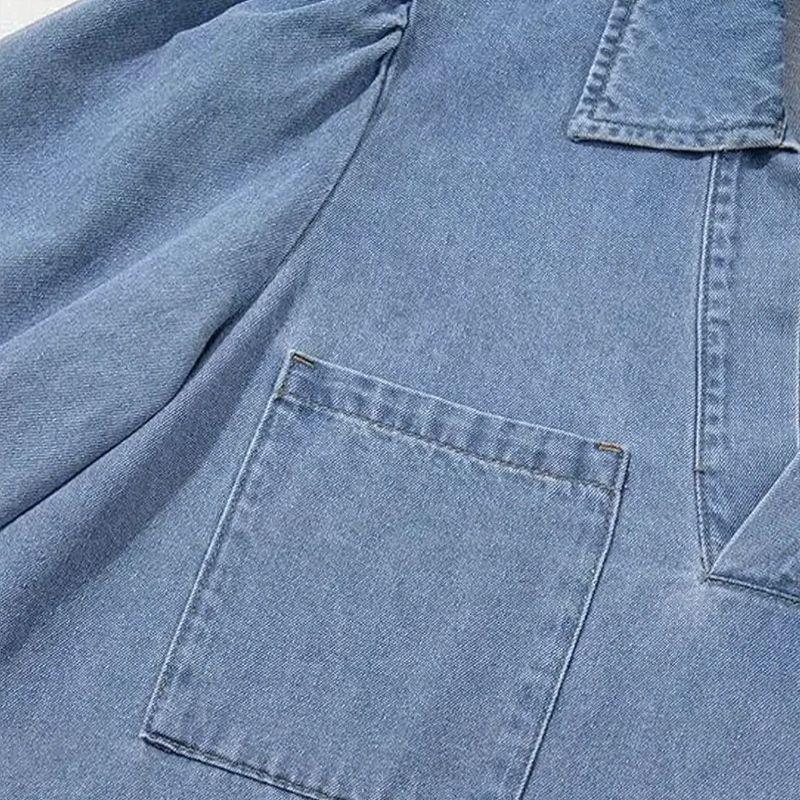 Madalena™ Jeans Dress with Lapel Collar and Puffed Sleeves / The Classic Renewed with Comfort and Femininity