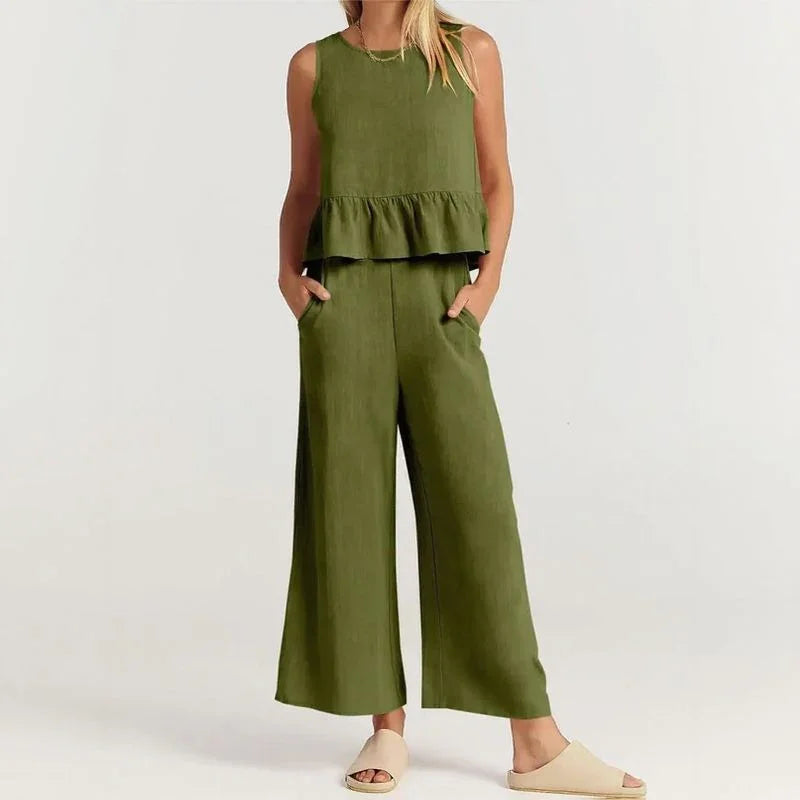 Agatha™ Mixed Linen Set with Ruffles and Wide-Leg Pants / Elegant Minimalism for Stylish Women!