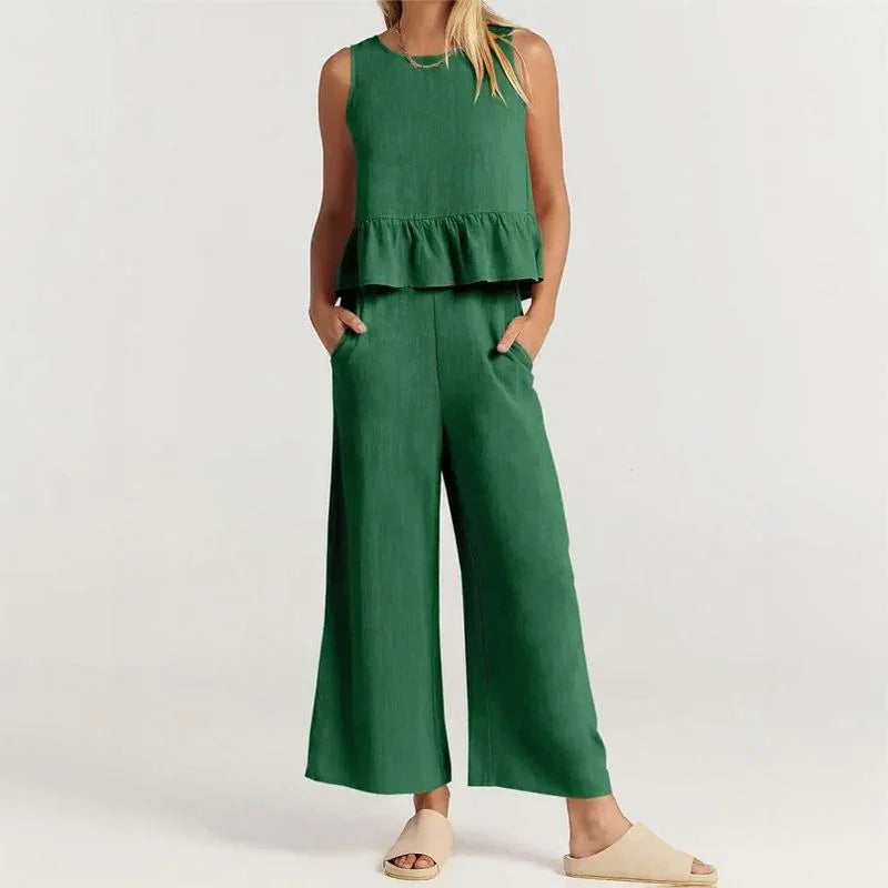 Agatha™ Mixed Linen Set with Ruffles and Wide-Leg Pants / Elegant Minimalism for Stylish Women!