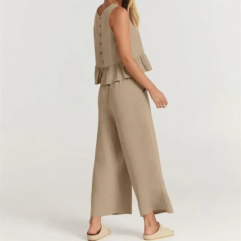 Agatha™ Mixed Linen Set with Ruffles and Wide-Leg Pants / Elegant Minimalism for Stylish Women!