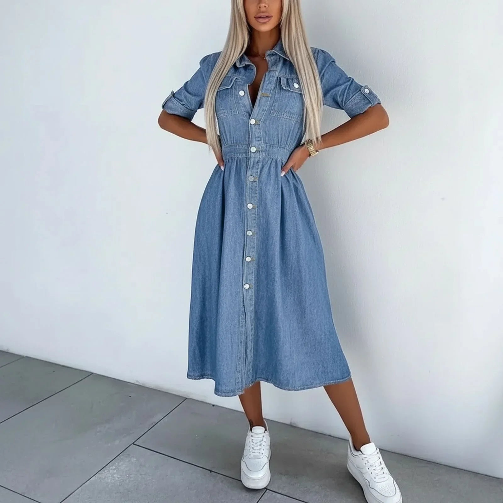 Antonelly™ Denim Shirt Dress with Defined Waist and Front Button Closure / Timeless Casual Elegance with Effortless Feminine Style