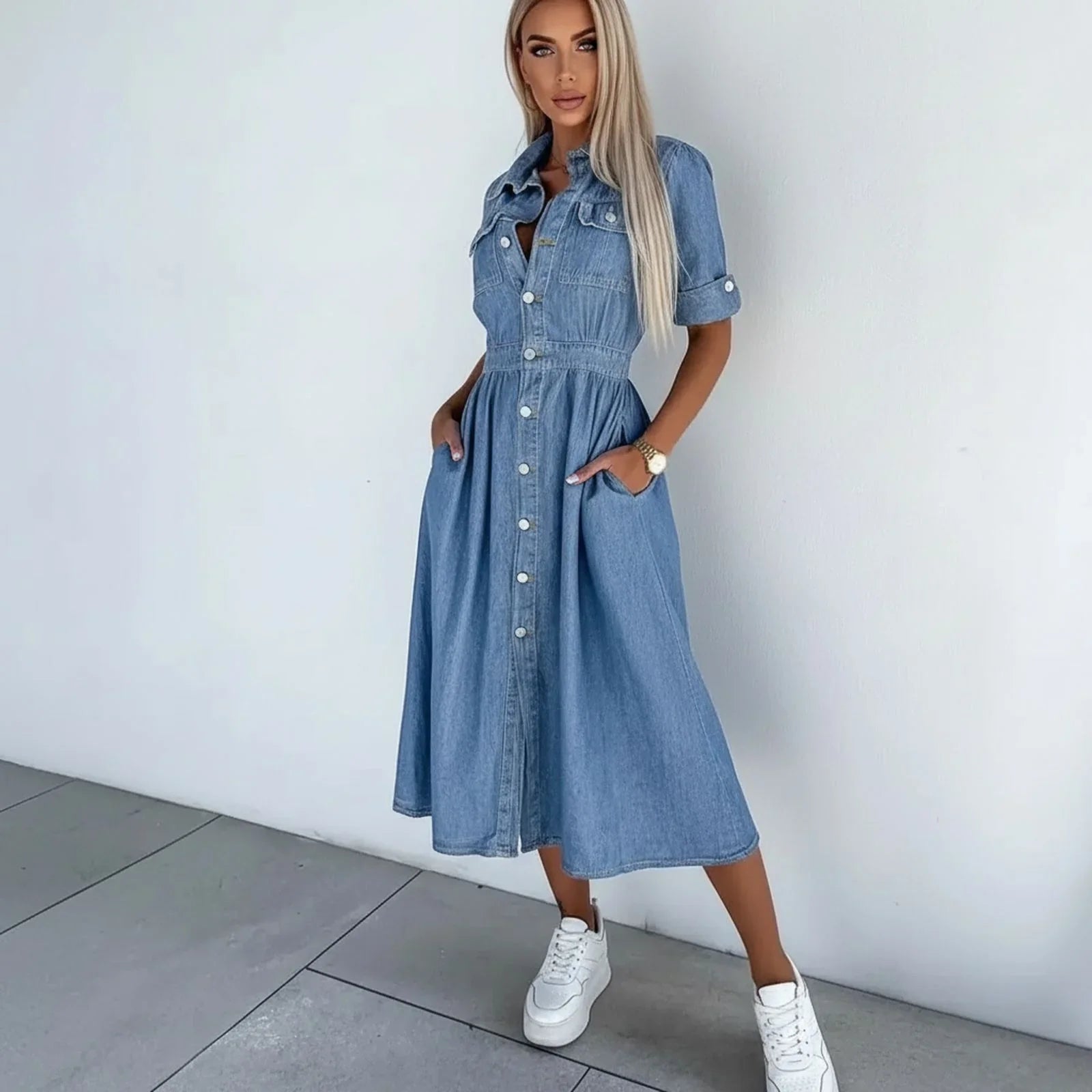 Antonelly™ Denim Shirt Dress with Defined Waist and Front Button Closure / Timeless Casual Elegance with Effortless Feminine Style