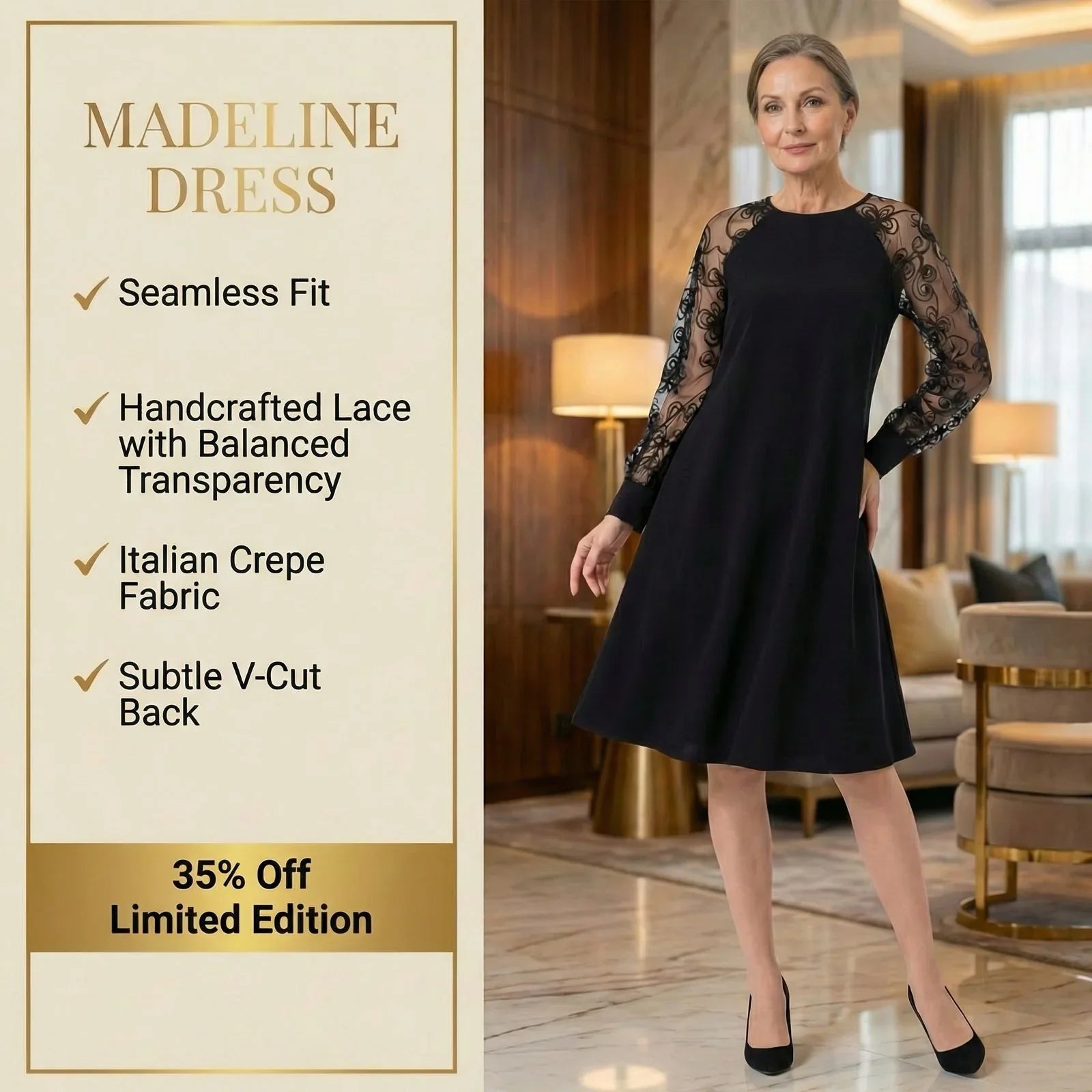 Madeline™ Dress in Italian Crepe Fabric with Embroidered Lace