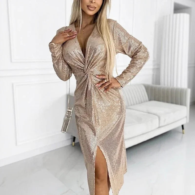 Royal Glow™ Dress with Elegant Slit and Metallic-Effect Fabric