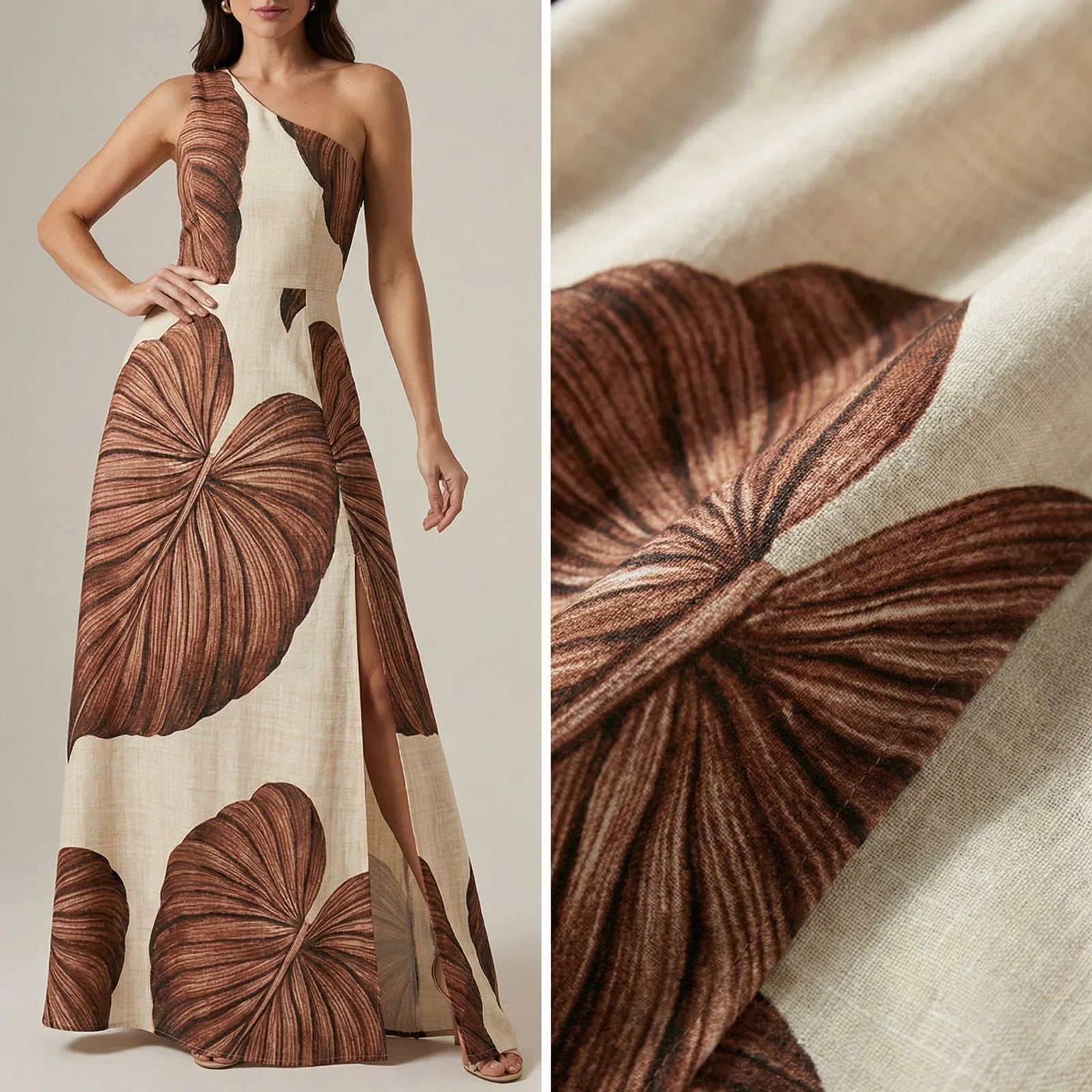 Yara™ Maxi Dress in Textured Viscose with Side Slit and Asymmetrical Neckline