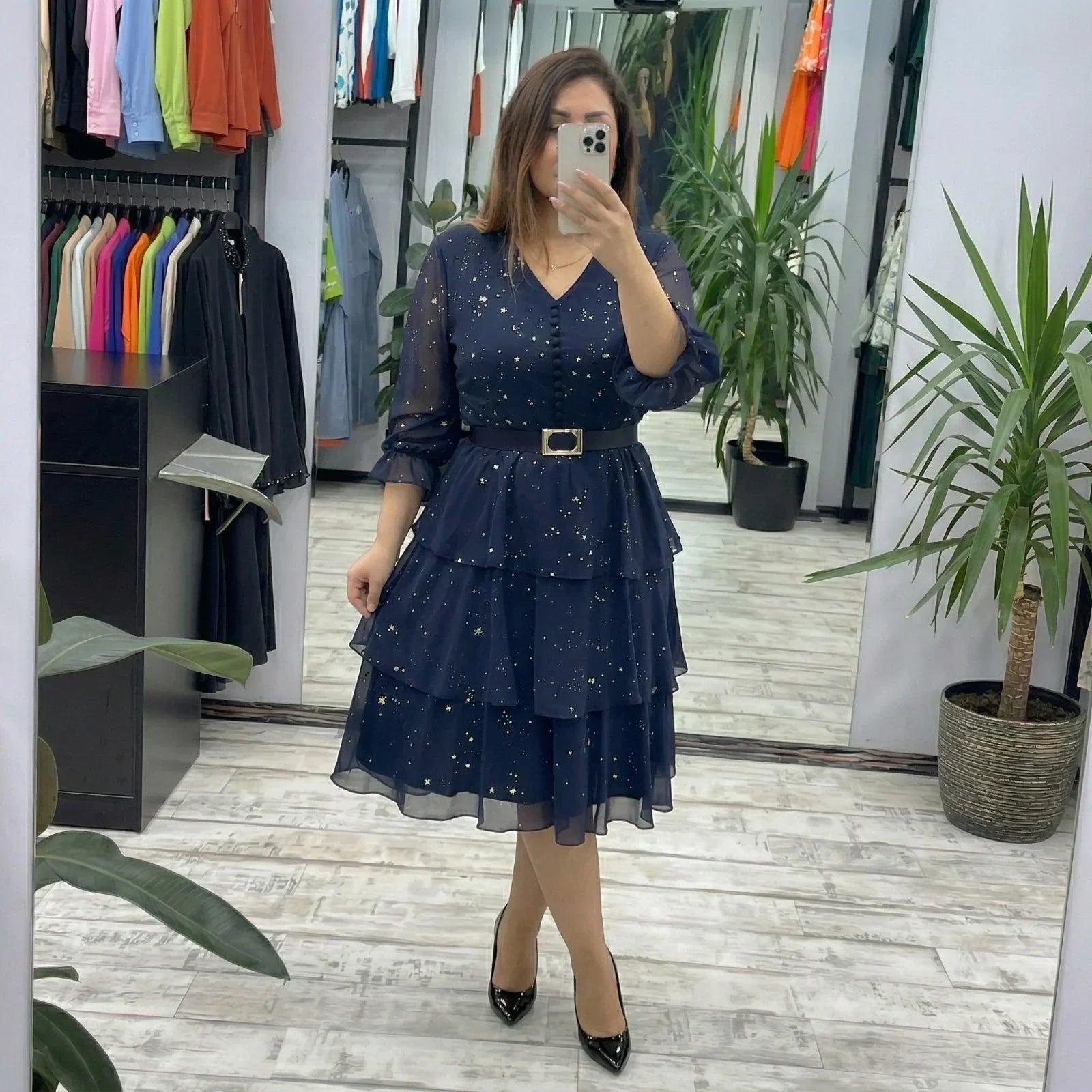 Valencia™ Dress with a Layered Skirt and Subtle Polka Dots