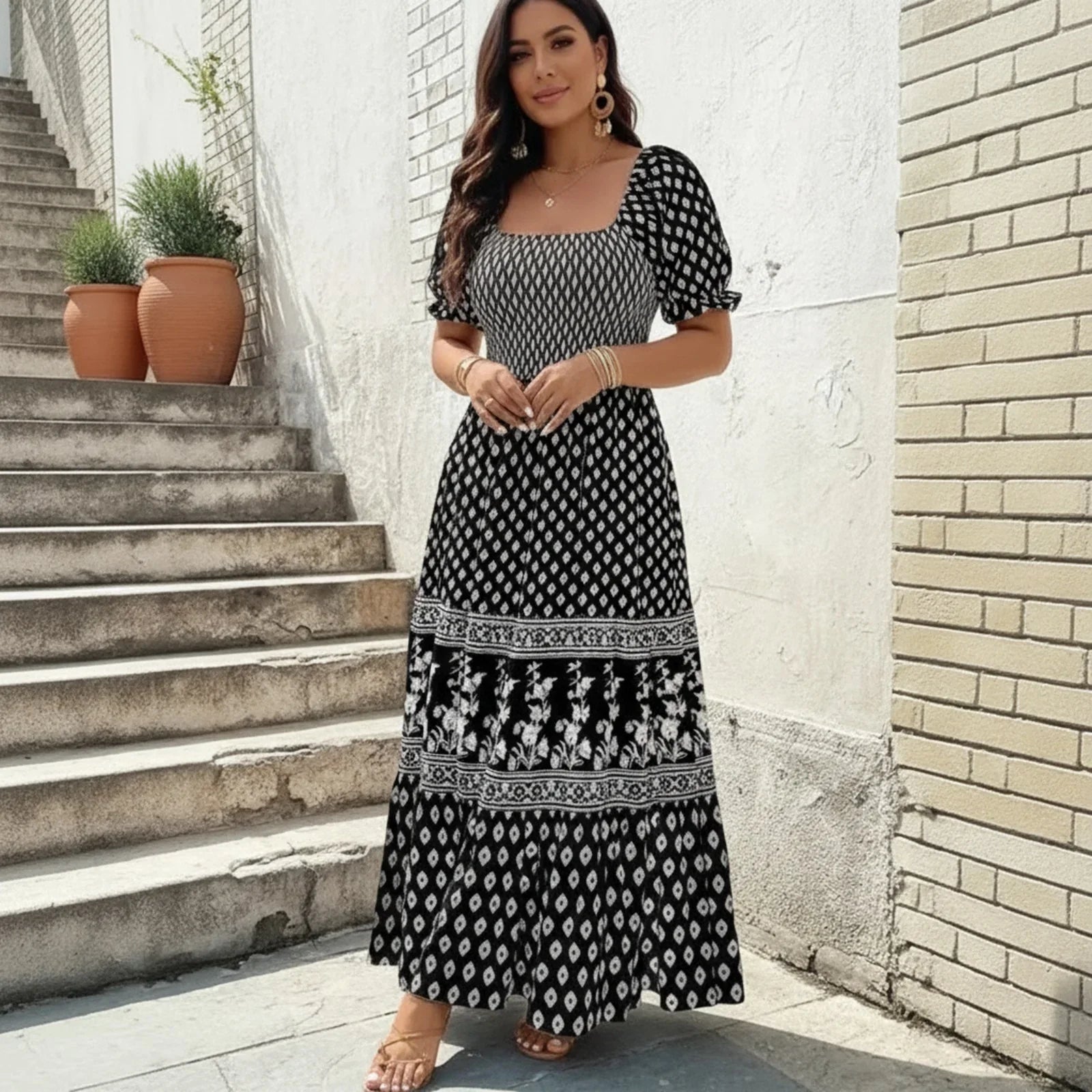 Selaris™ Puff Sleeve Dress with Flowy Silhouette
