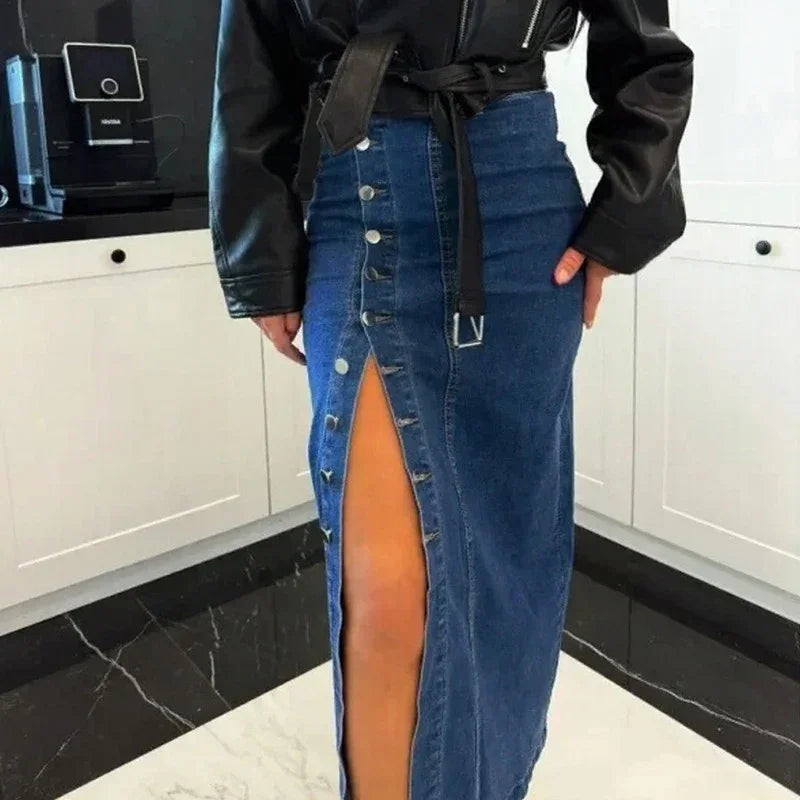 Lorena™ Denim Skirt with Front Button Closure and Elegant Slit