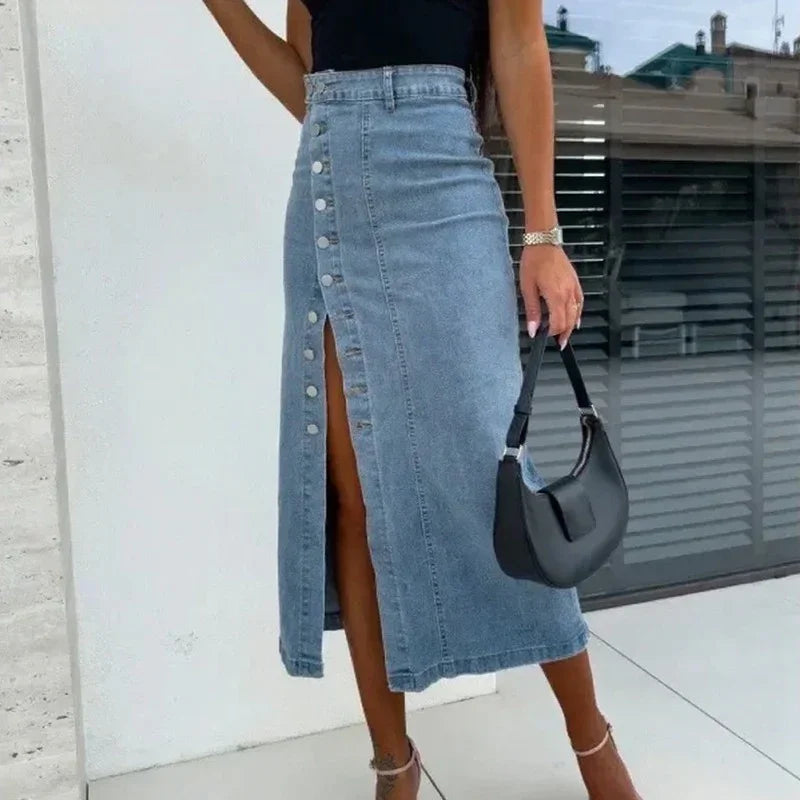 Lorena™ Denim Skirt with Front Button Closure and Elegant Slit
