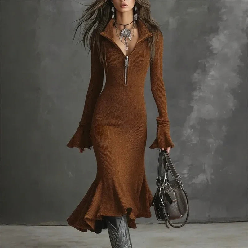 Evora Luxe™ Ribbed Knit Dress With Front Zipper and Mermaid Hem